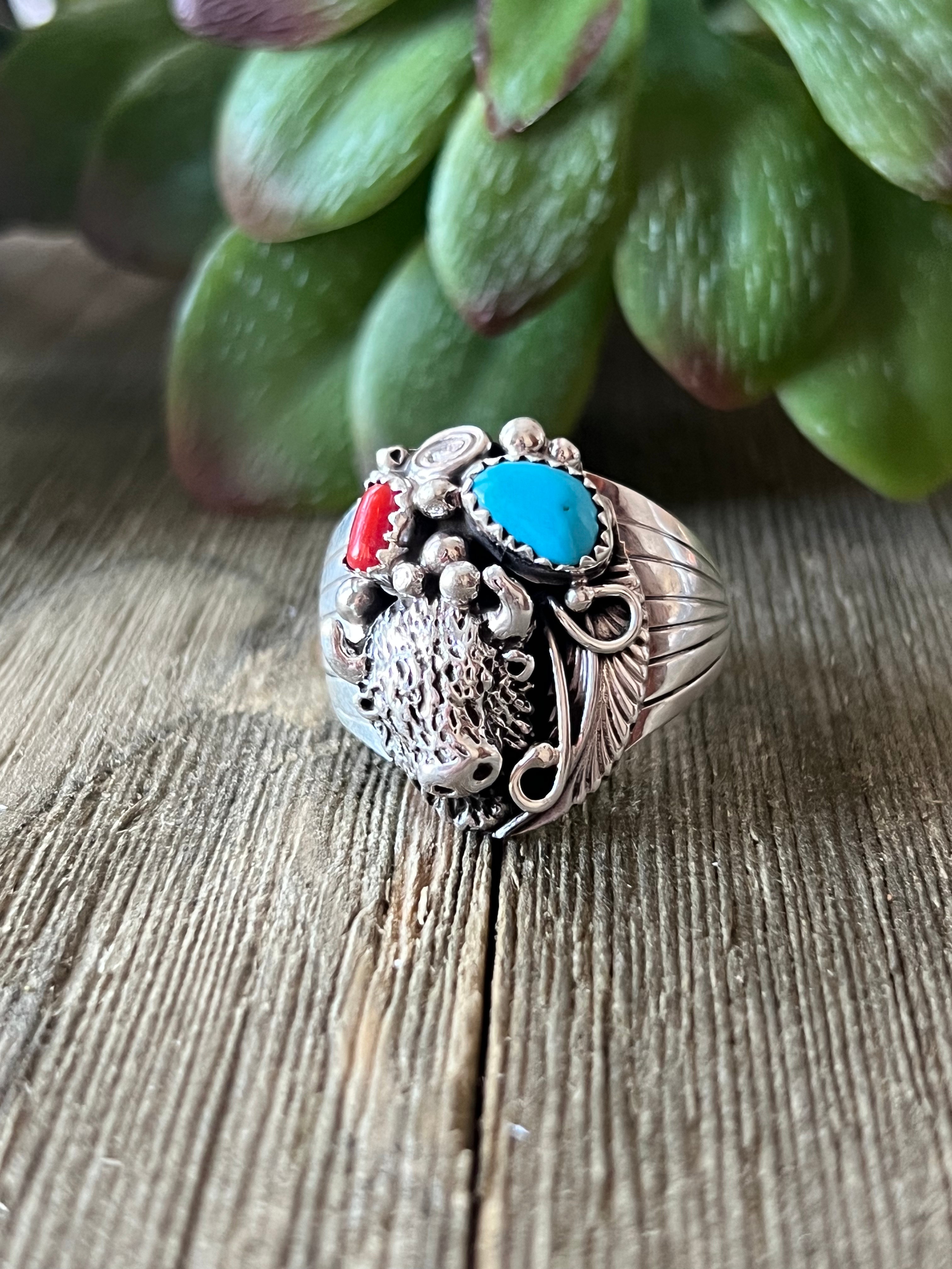 Navajo Made Multi Stone & Sterling Silver Ring Size 13.5