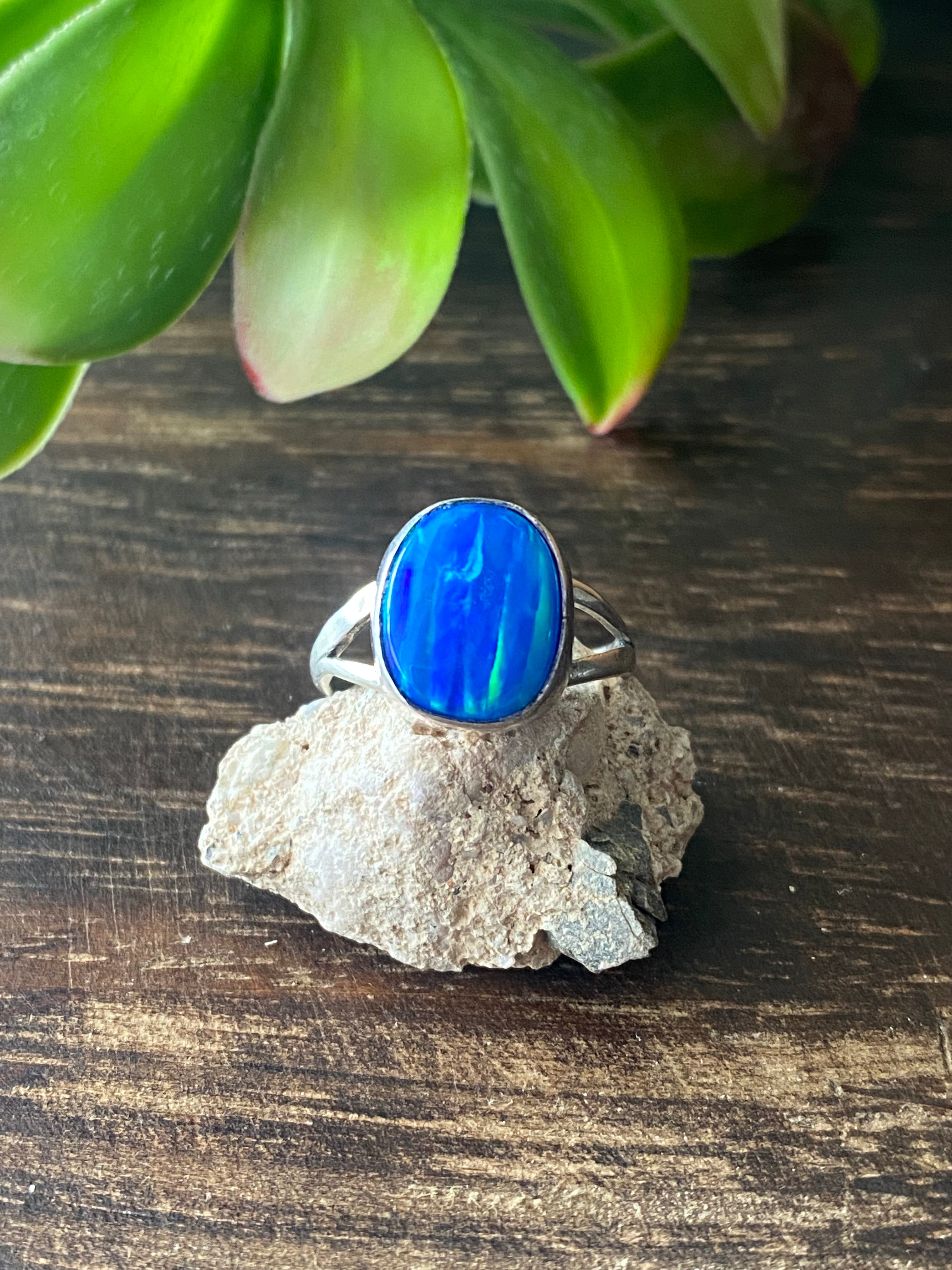 Navajo Made Blue Opal & Sterling Silver Ring Size 6.5