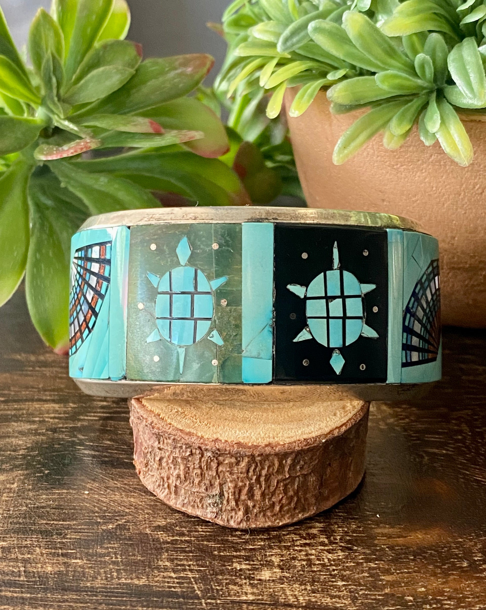 Bob Becenti & Lester James Multi Stone Sterling Silver Inlay Turtle Cuff Bracelet