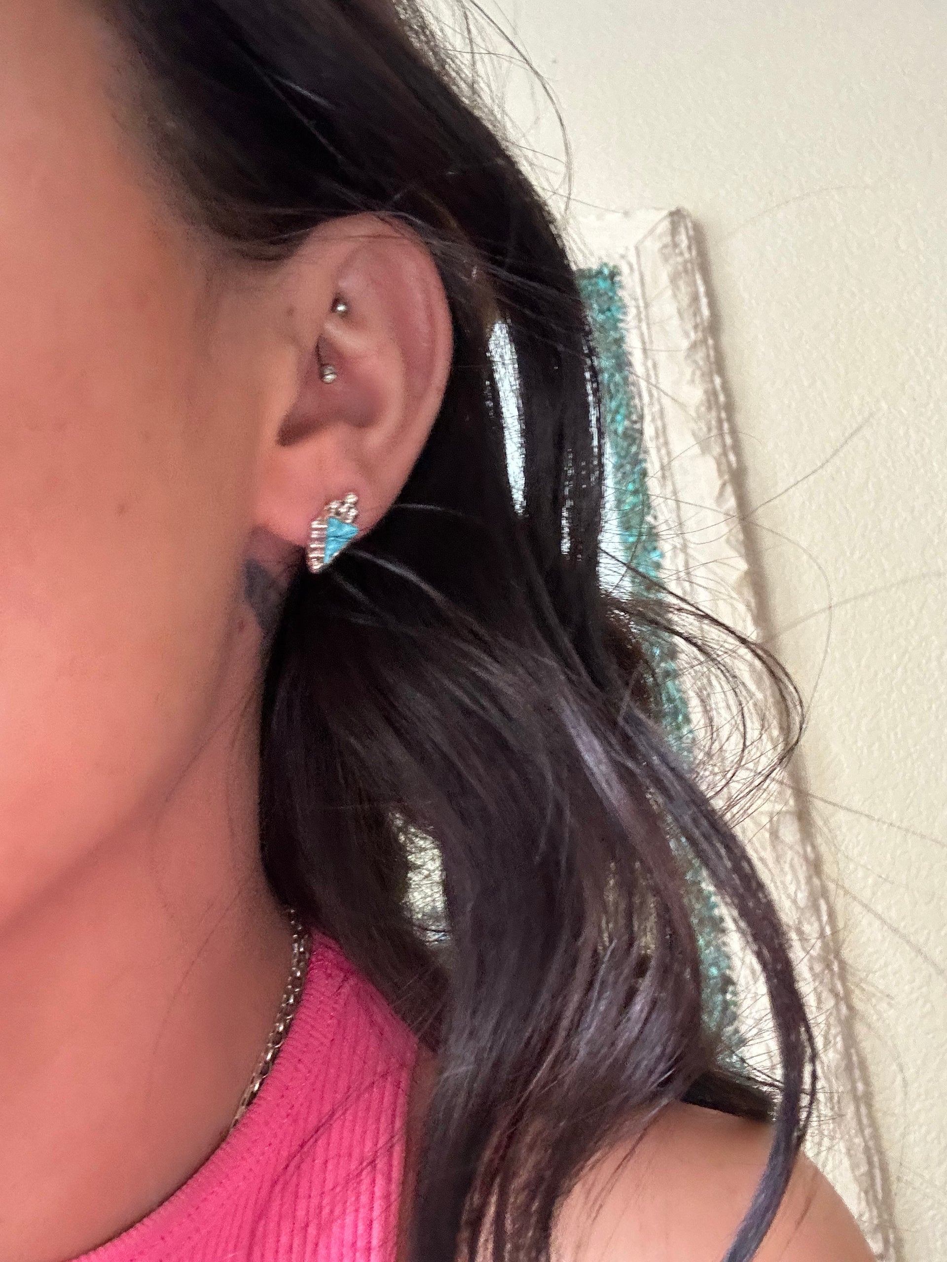 Navajo Made Kingman Turquoise & Sterling Silver Post Arrow Head Earrings