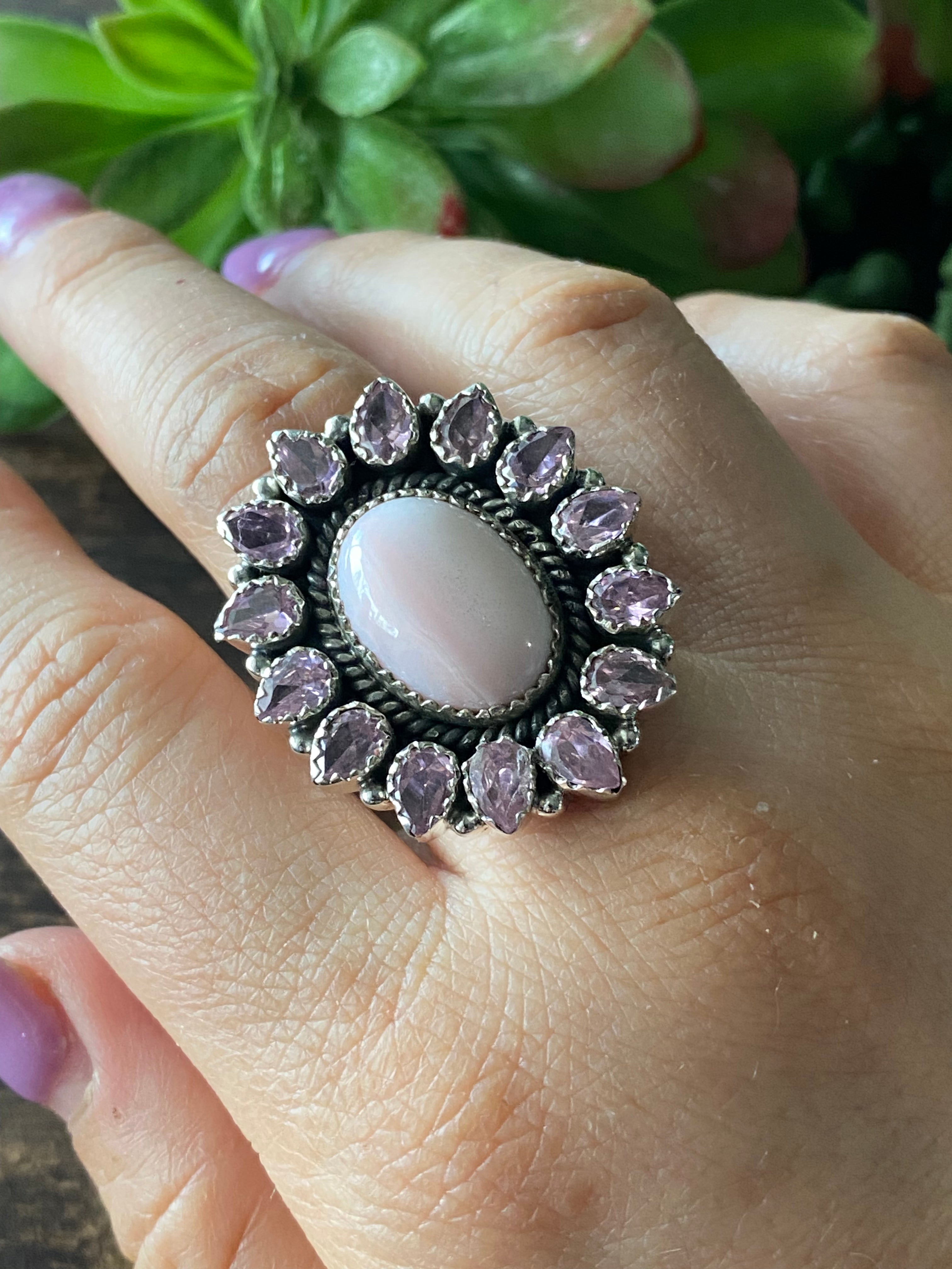 Southwest Handmade Rose Quartz & Amethyst Sterling Silver Cluster Adjustable Ring Size 8