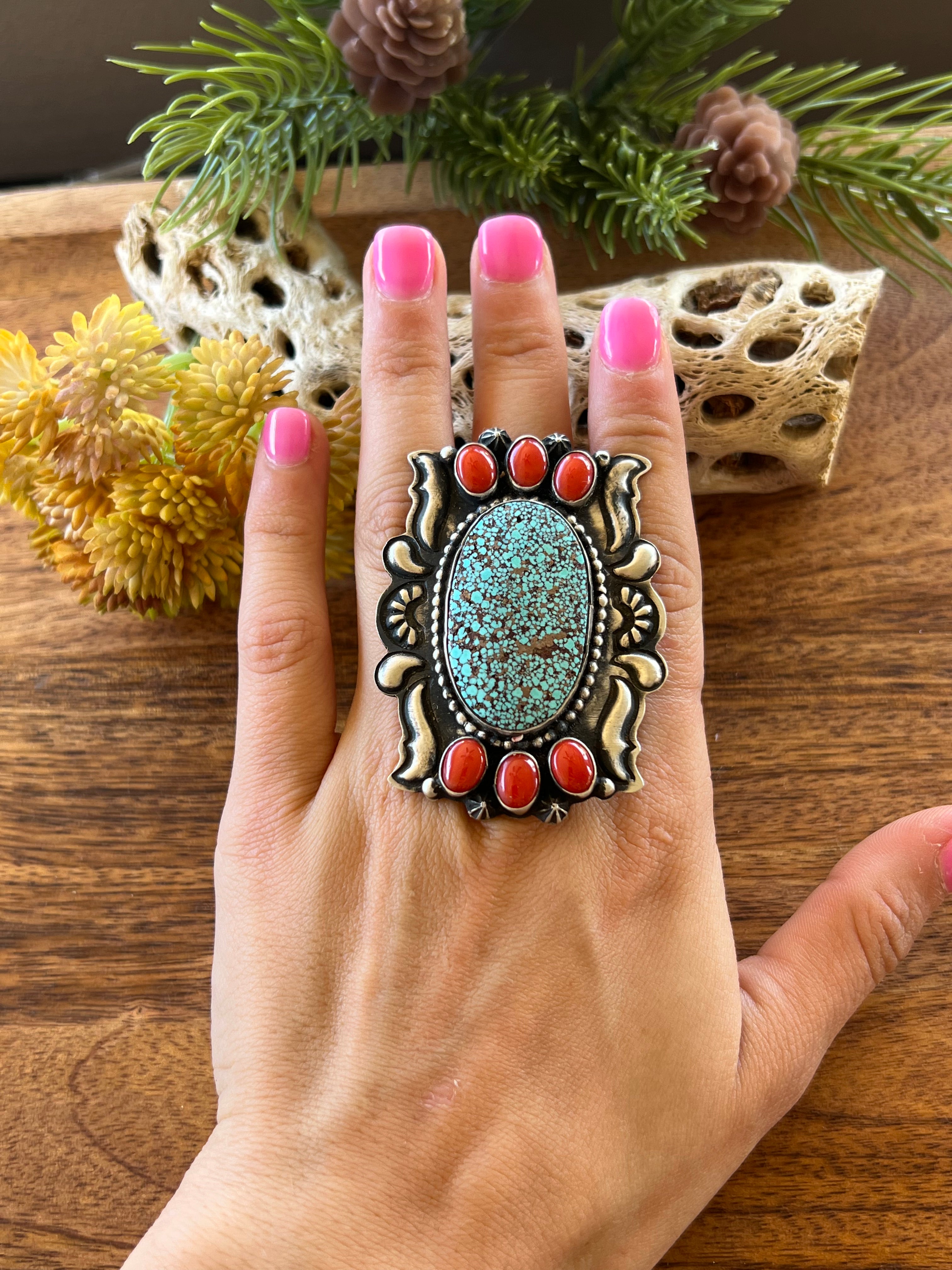 Shawn Cayatineto Turquoise Mountain & Mediterranean Coral & Sterling Silver Ring Size 7.5