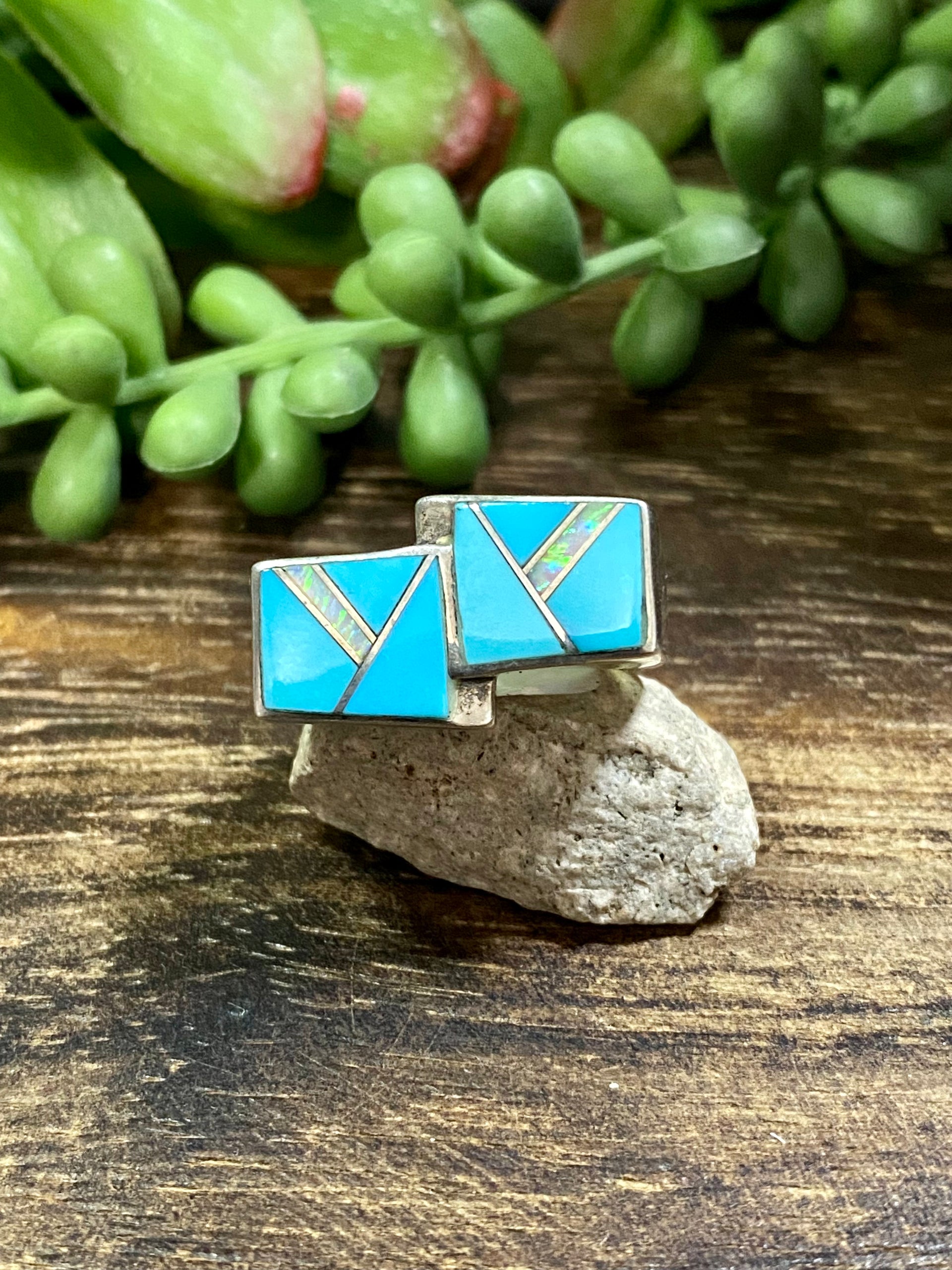 Victor Thompson Turquoise & White Opal (Man-Made) Sterling Silver Inlay Ring Size 7