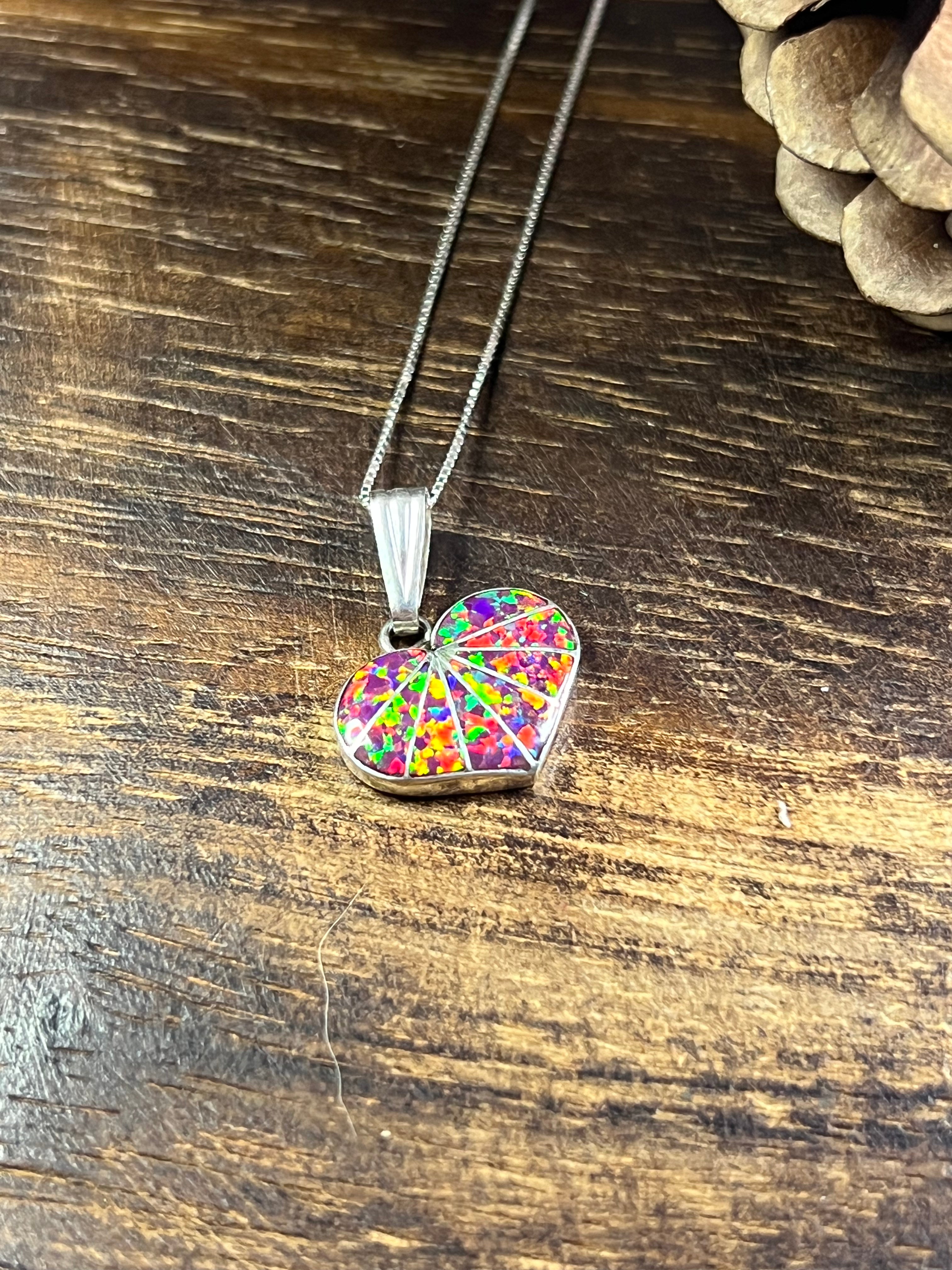 Zuni Made Purple Opal (Man Made) & Sterling Silver Heart Inlay Pendant