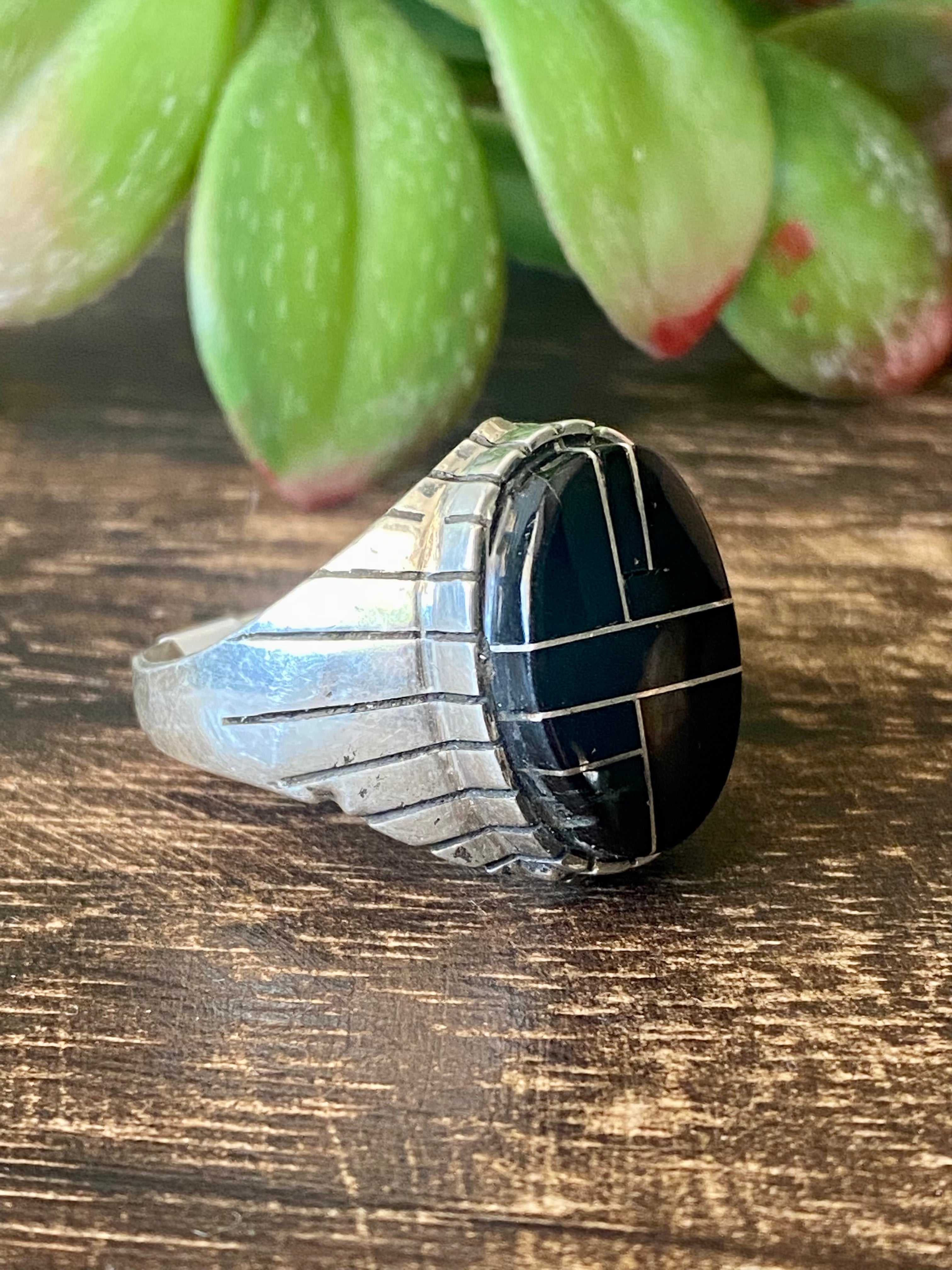 Trevor Jack Onyx & Sterling Silver Inlay Ring Size 12.75