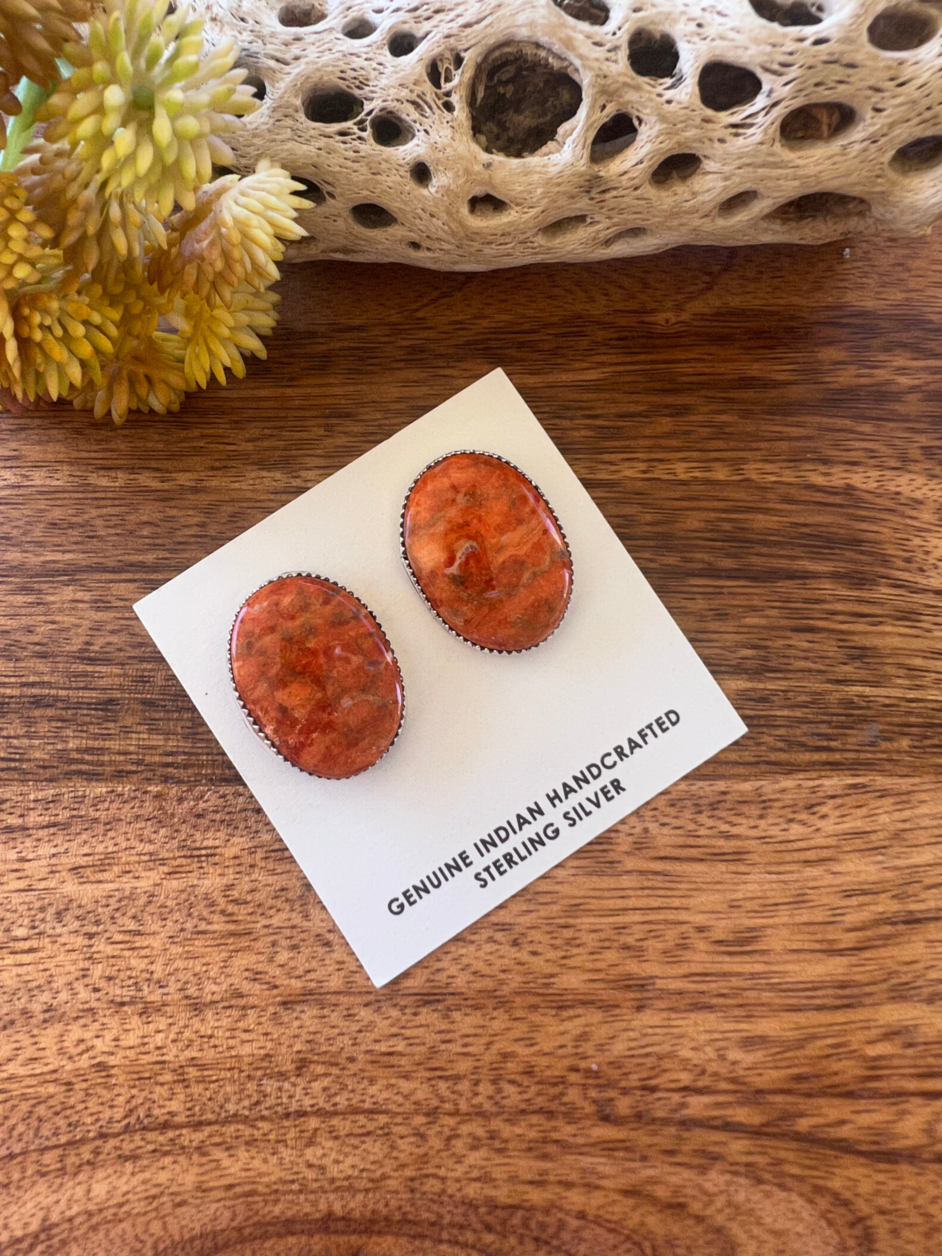 Navajo Made Apple Coral & Sterling Silver Post Earrings