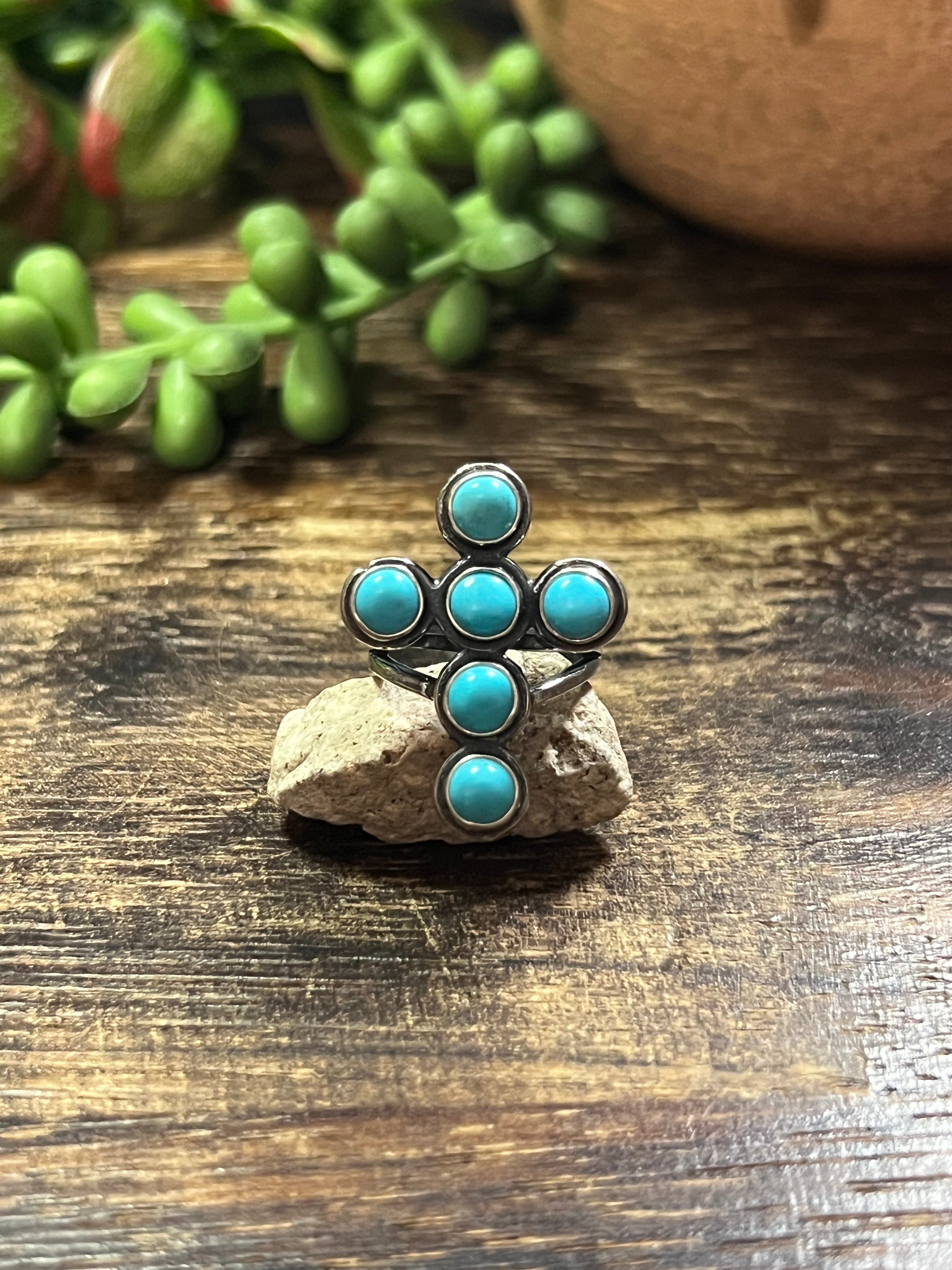 Navajo Made Kingman Turquoise & Sterling Silver Cross Ring