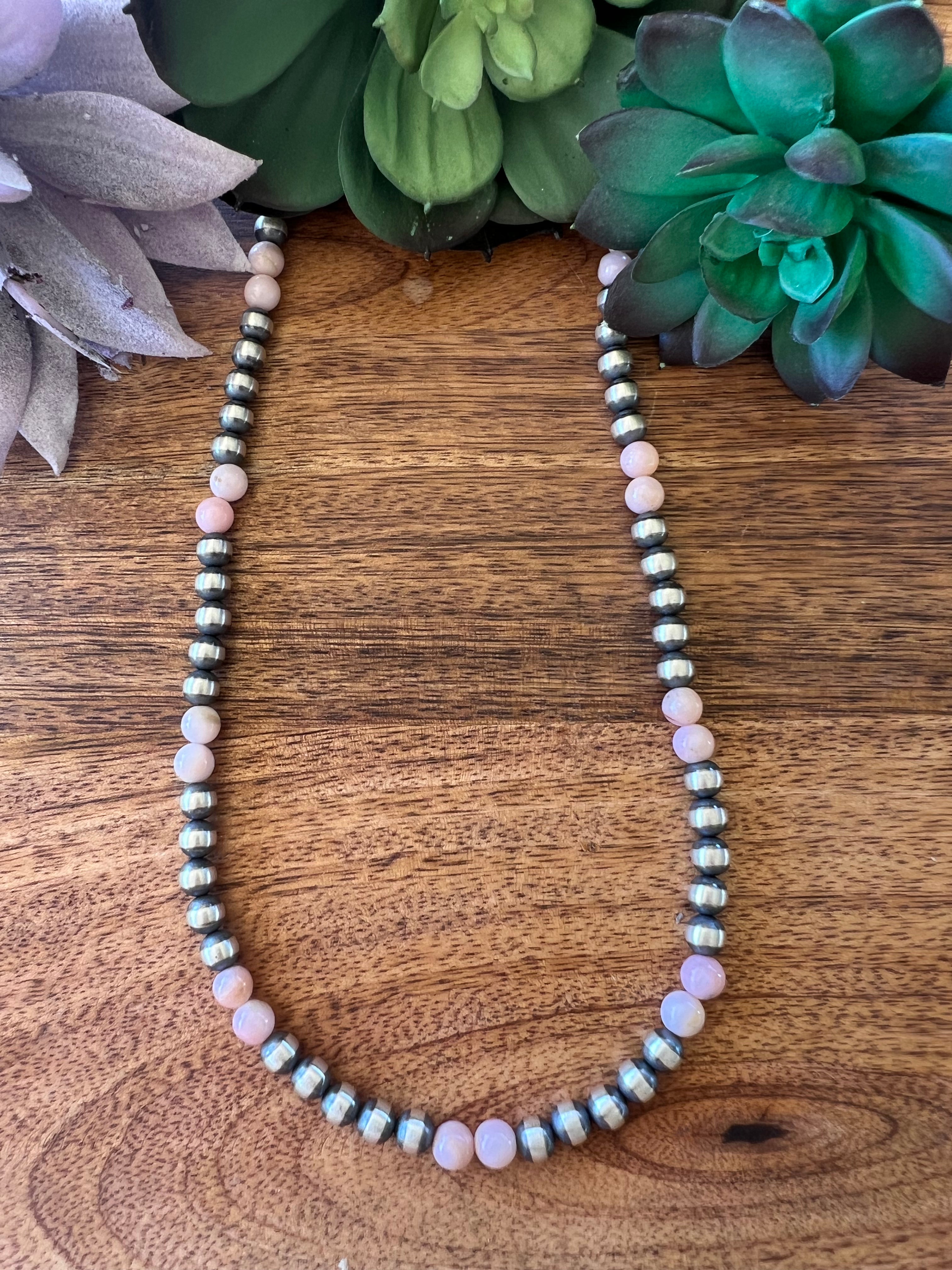 Navajo Pink Coral & Sterling Silver 8 MM Pearl Necklace