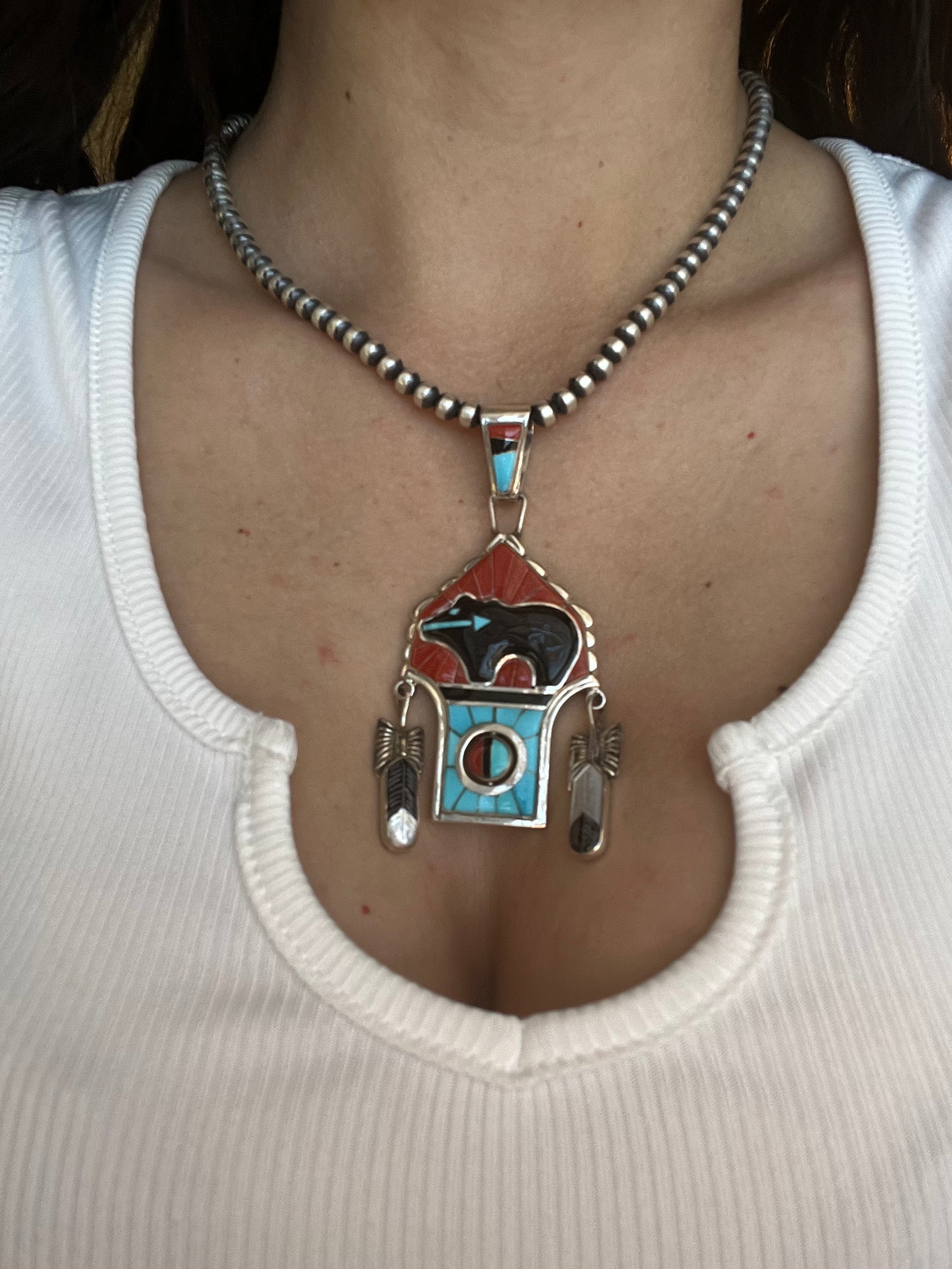 Don Dewa Multi Stone & Sterling Silver Inlay Spinning Sun Face Pendant