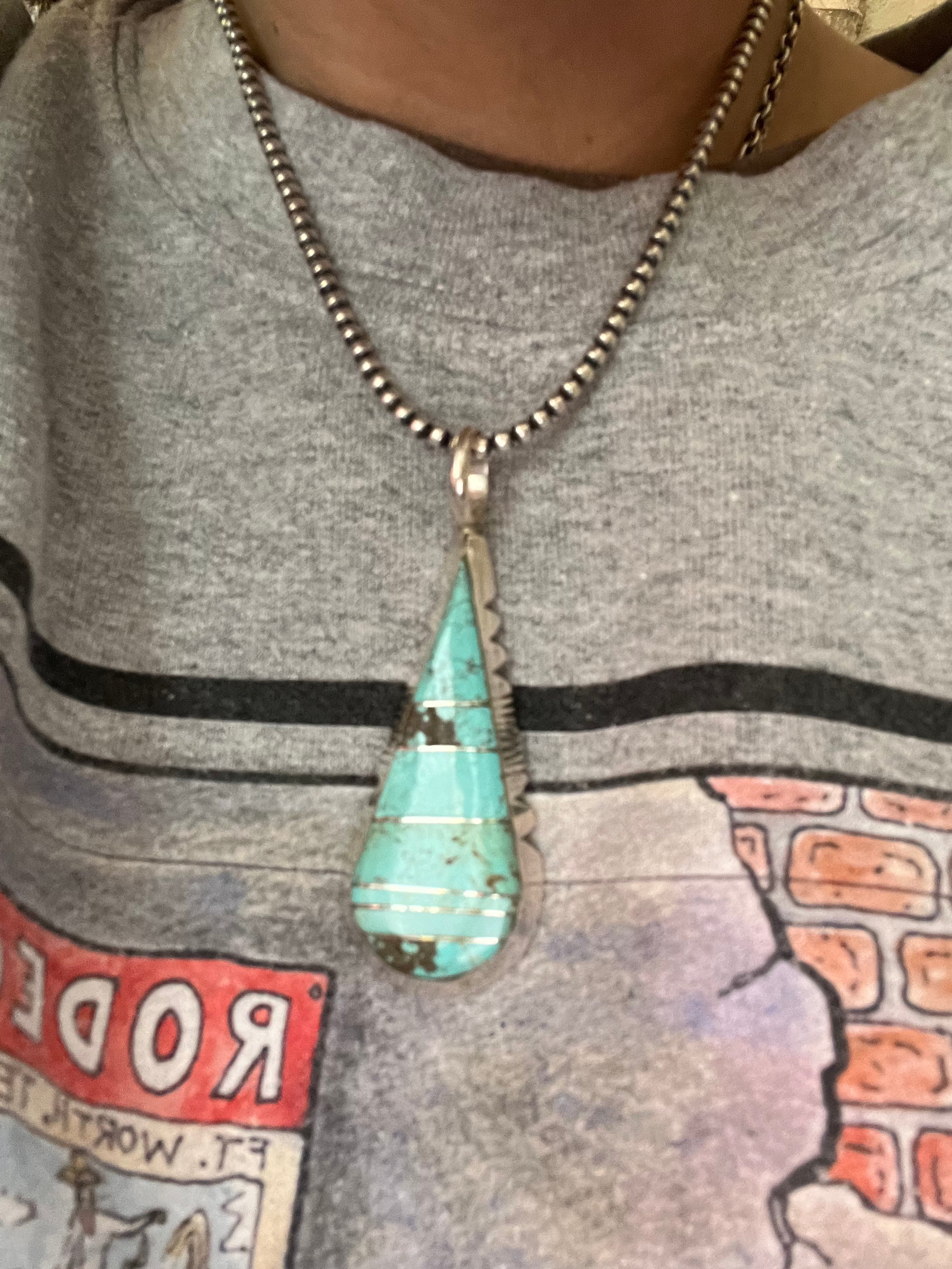 Navajo Made #8 Turquoise & Sterling Silver Inlay Pendan