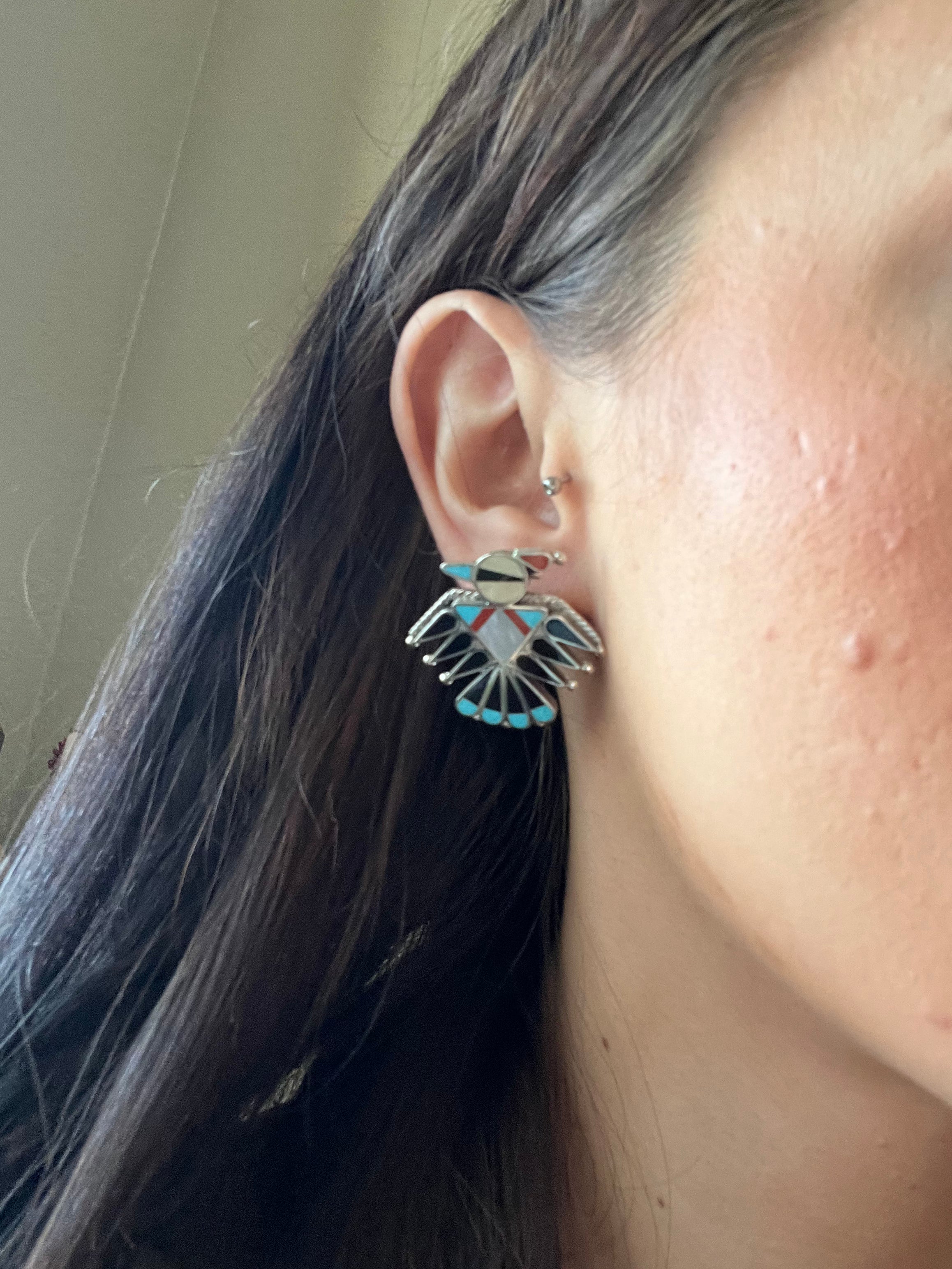 Zuni Made Multi Stone & Sterling Silver Inlay Thunderbird Post Earrings