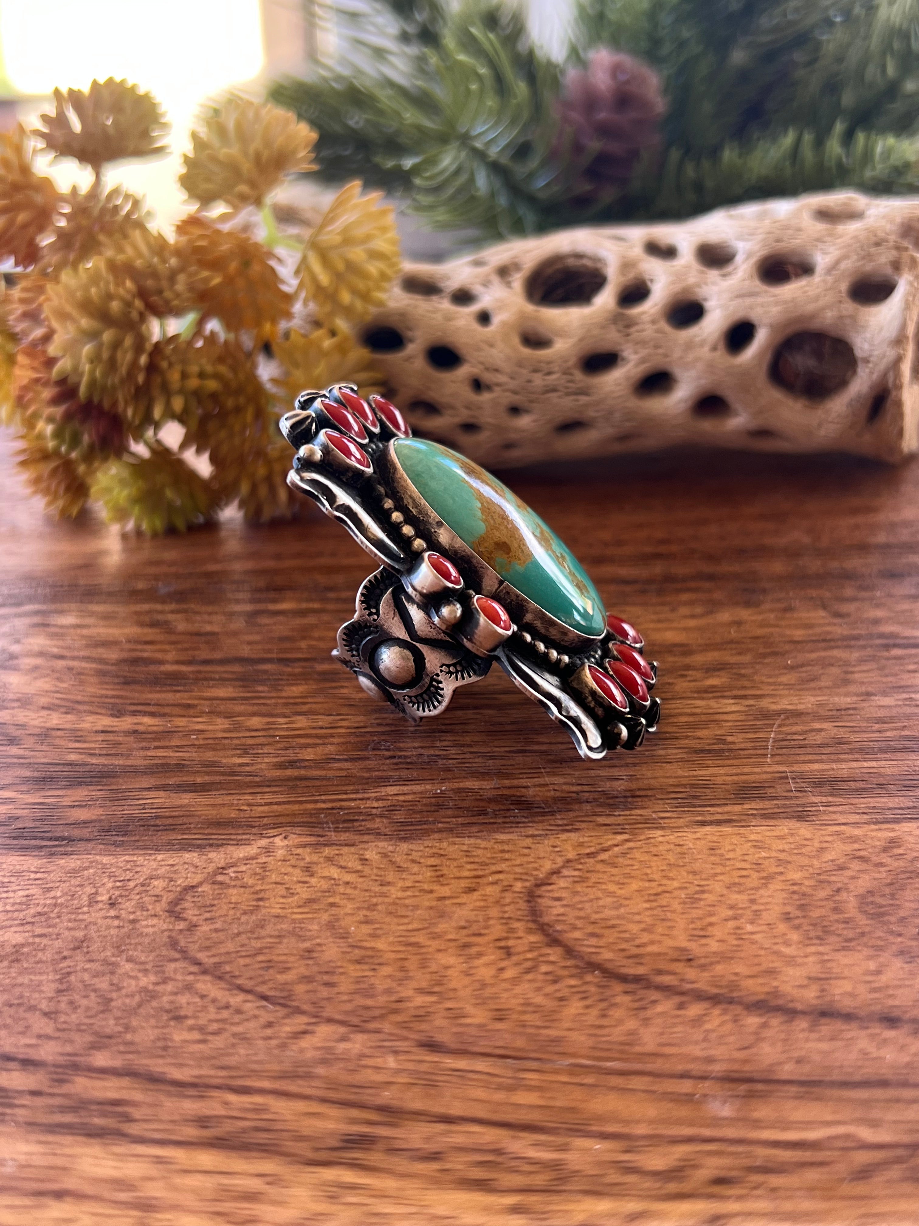 Shawn Cayatineto King Manassa Turquoise & Mediterranean Coral & Sterling Silver Ring Size 6.75