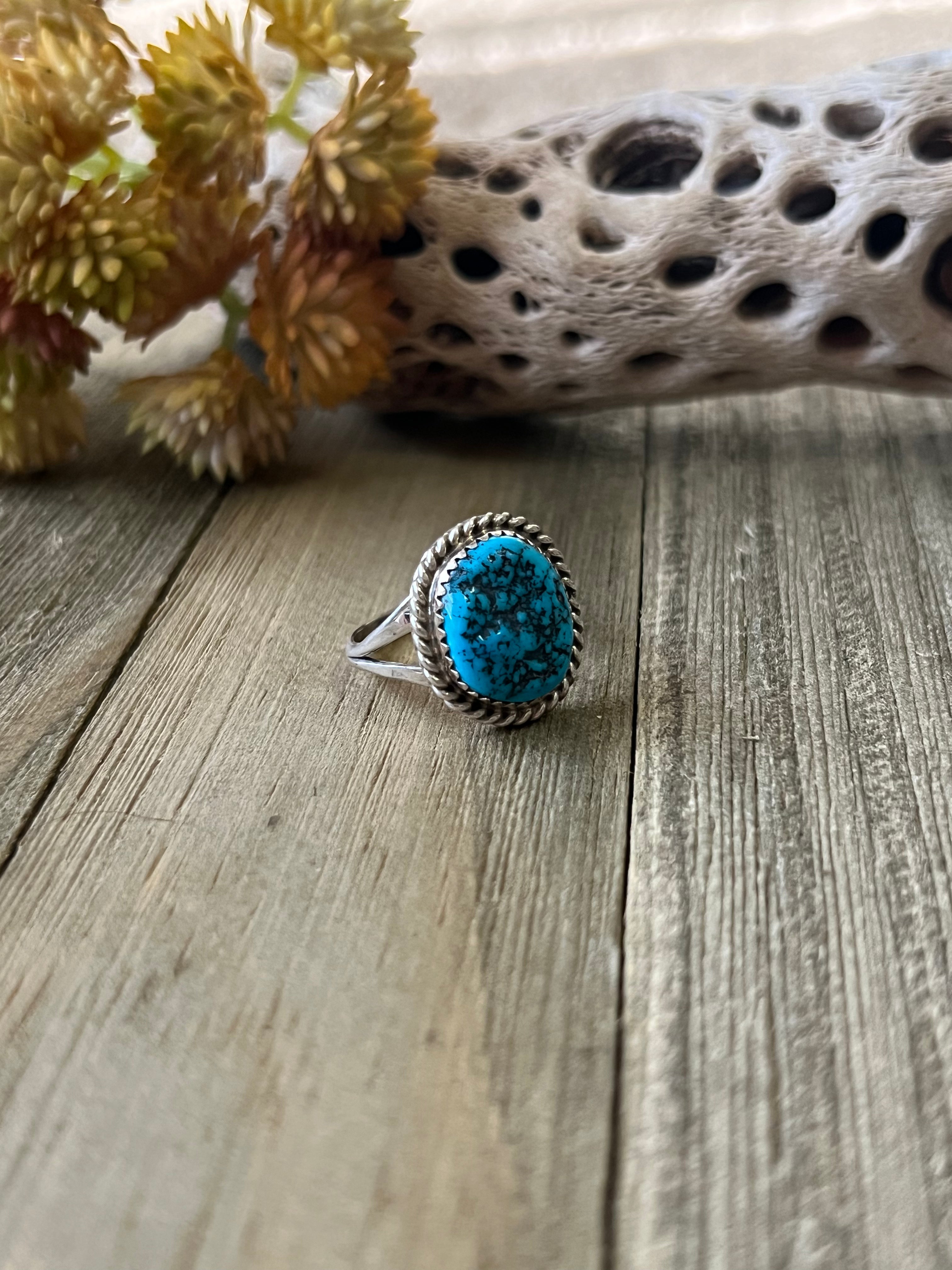 Navajo Made Kingman Turquoise & Sterling Silver Ring Size 8.5