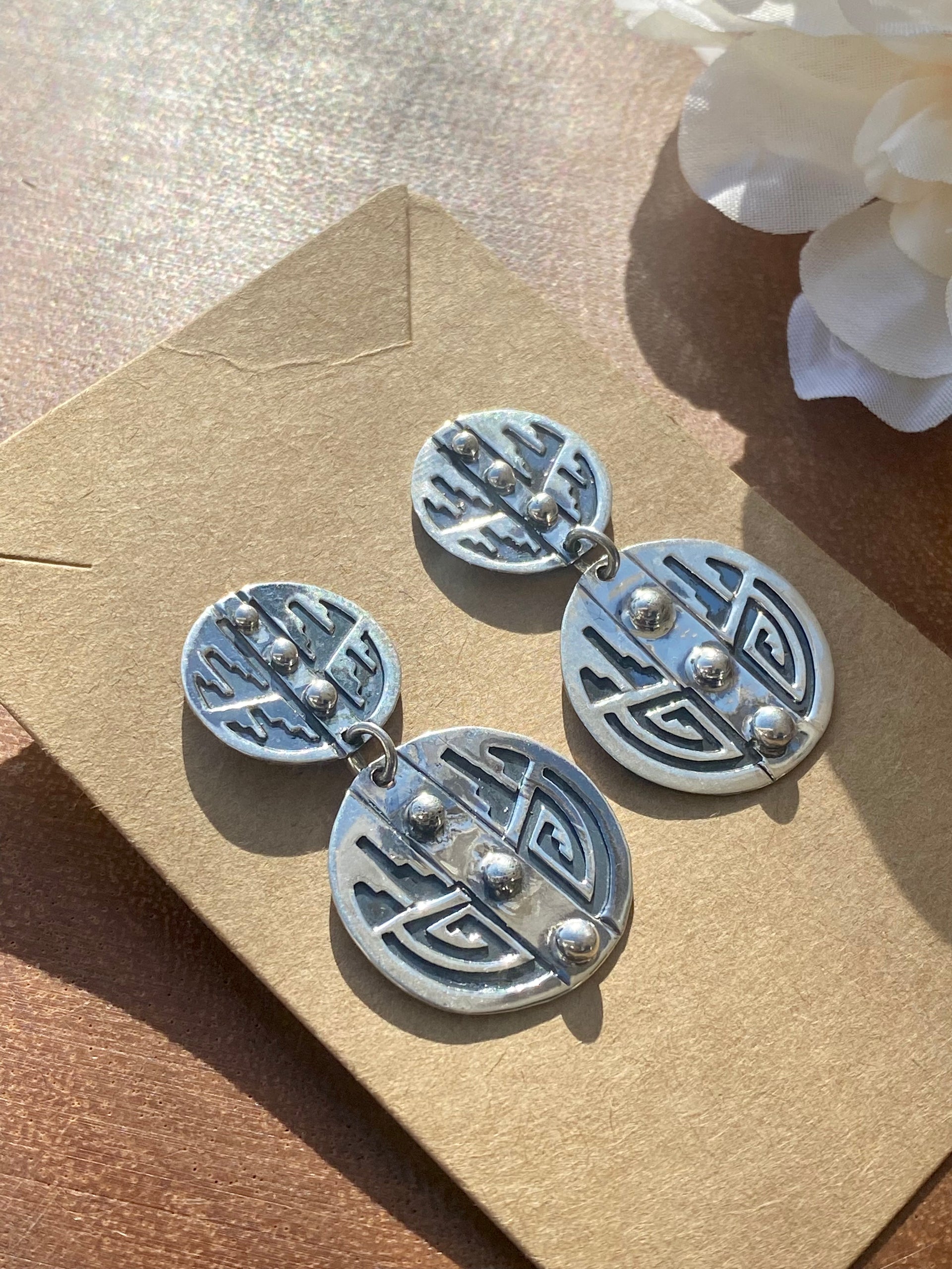 Navajo Made Sterling Silver Overlay Post Dangle Earrings