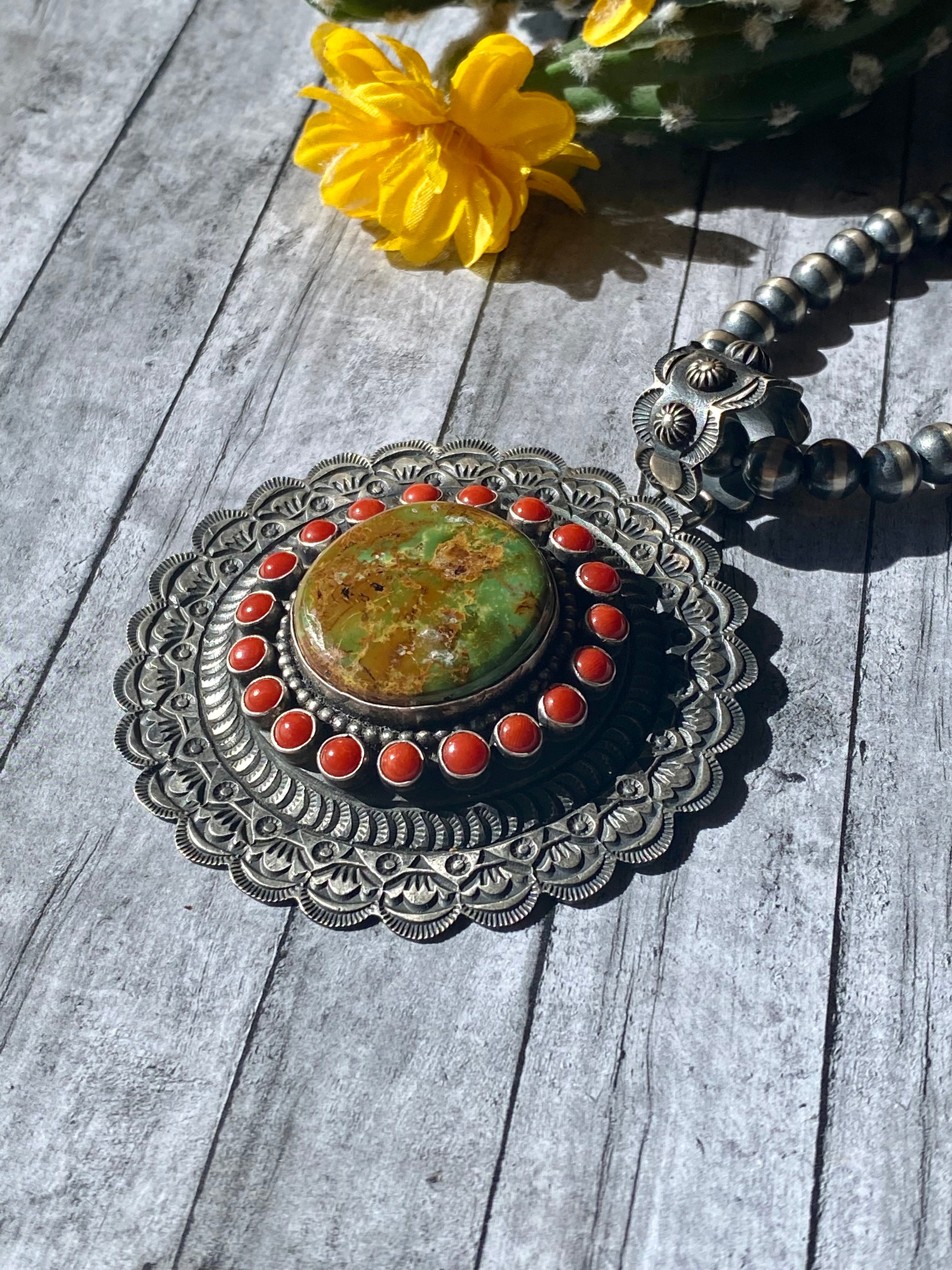 Shawn Cayatineto Natural Royston Turquoise & Coral Sterling Silver Pendant