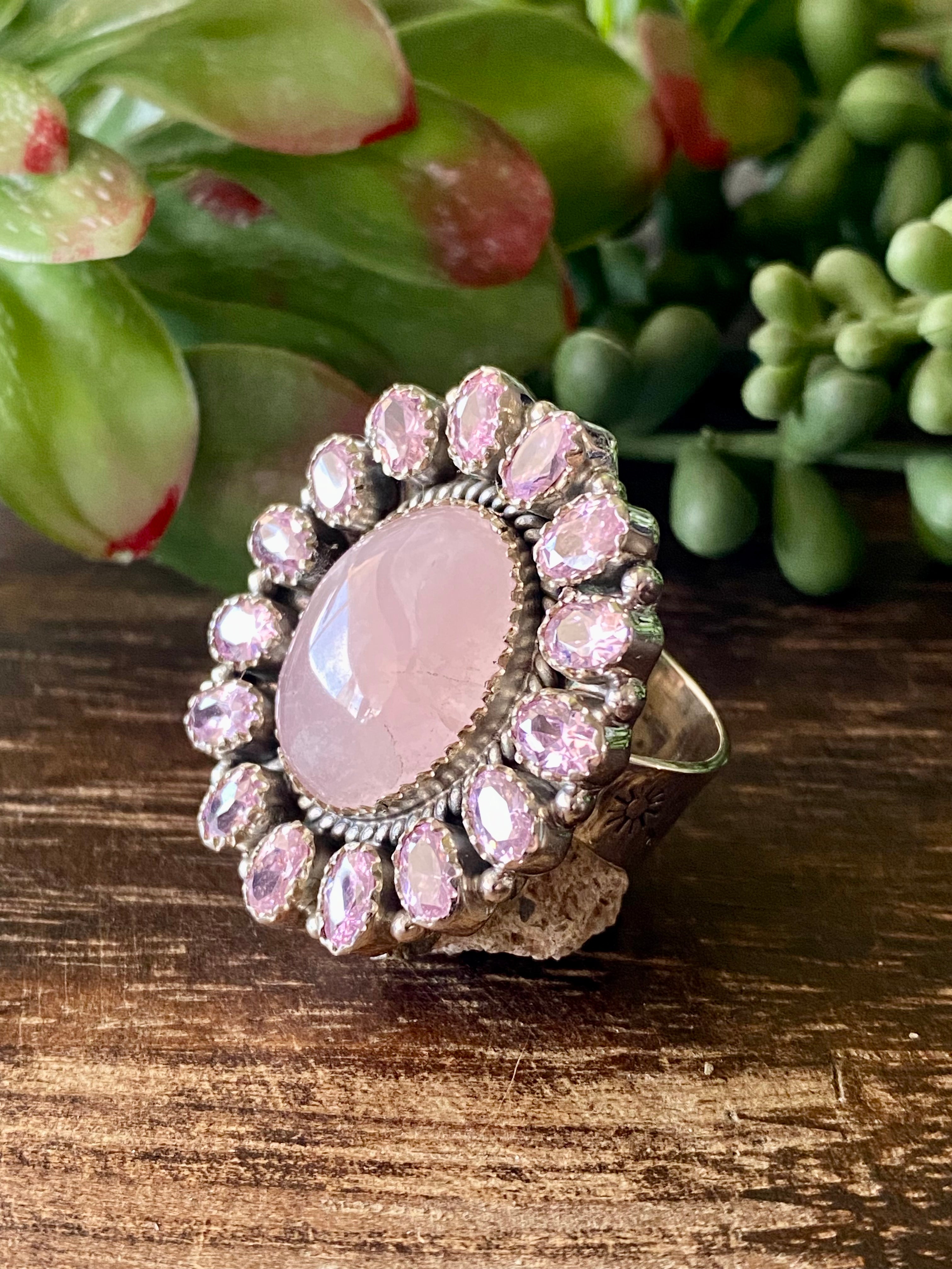 Southwest Handmade Rose Quartz & Tourmaline Sterling Silver Cluster Adjustable Ring Size 8