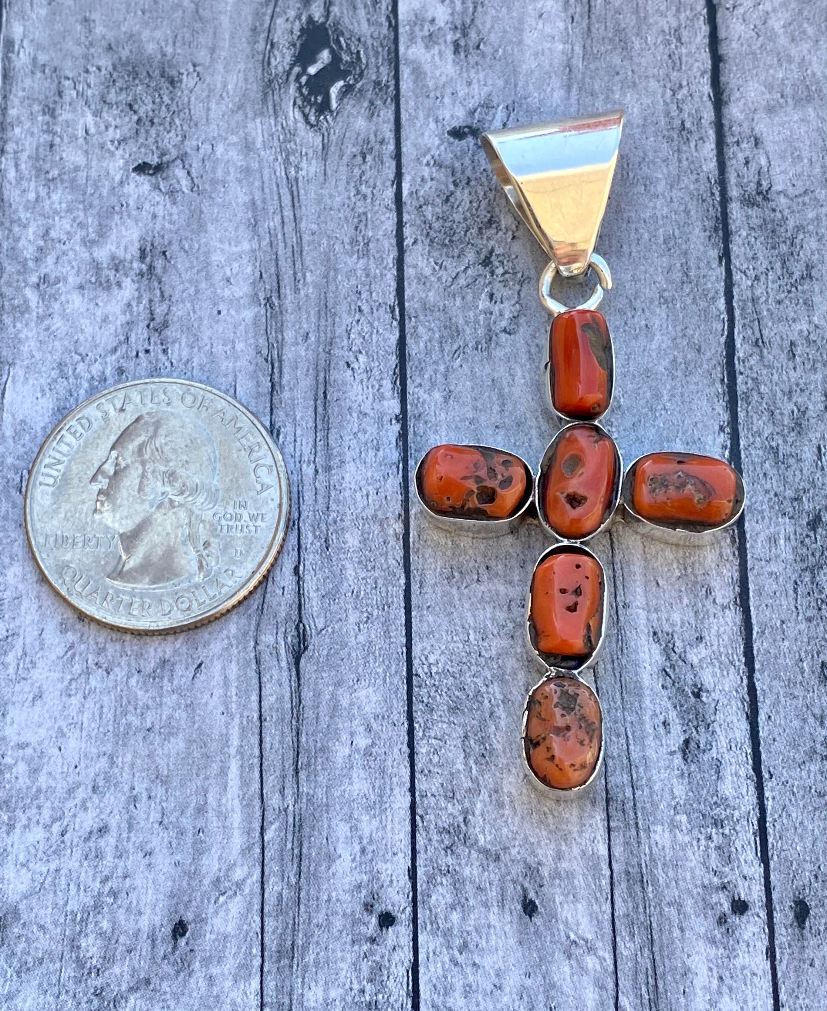 Navajo Made Coral & Sterling Silver Cross Pendant