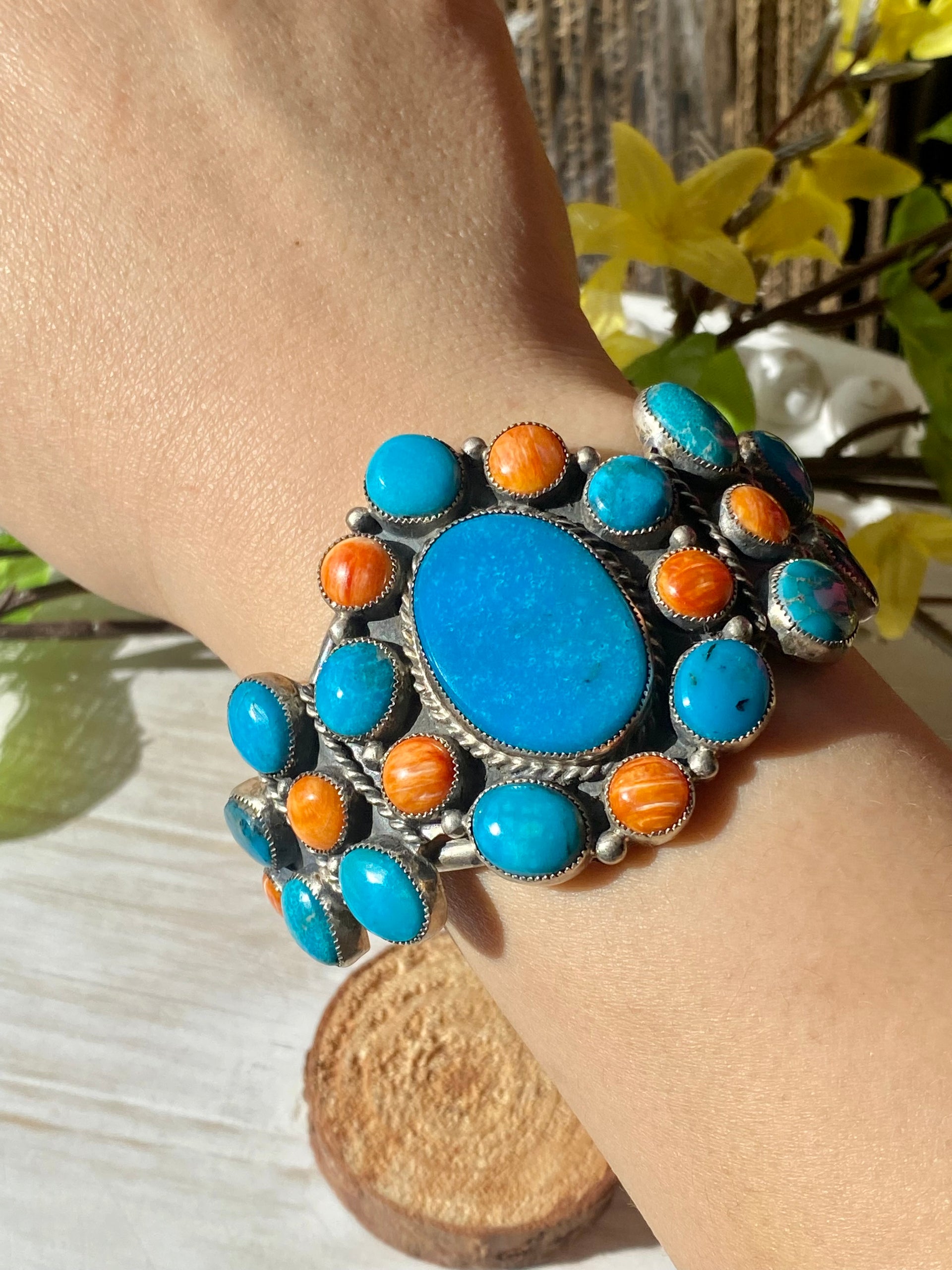 Larry Kaye Kingman Turquoise & Spiny Oyster Sterling Silver Cuff Bracelet