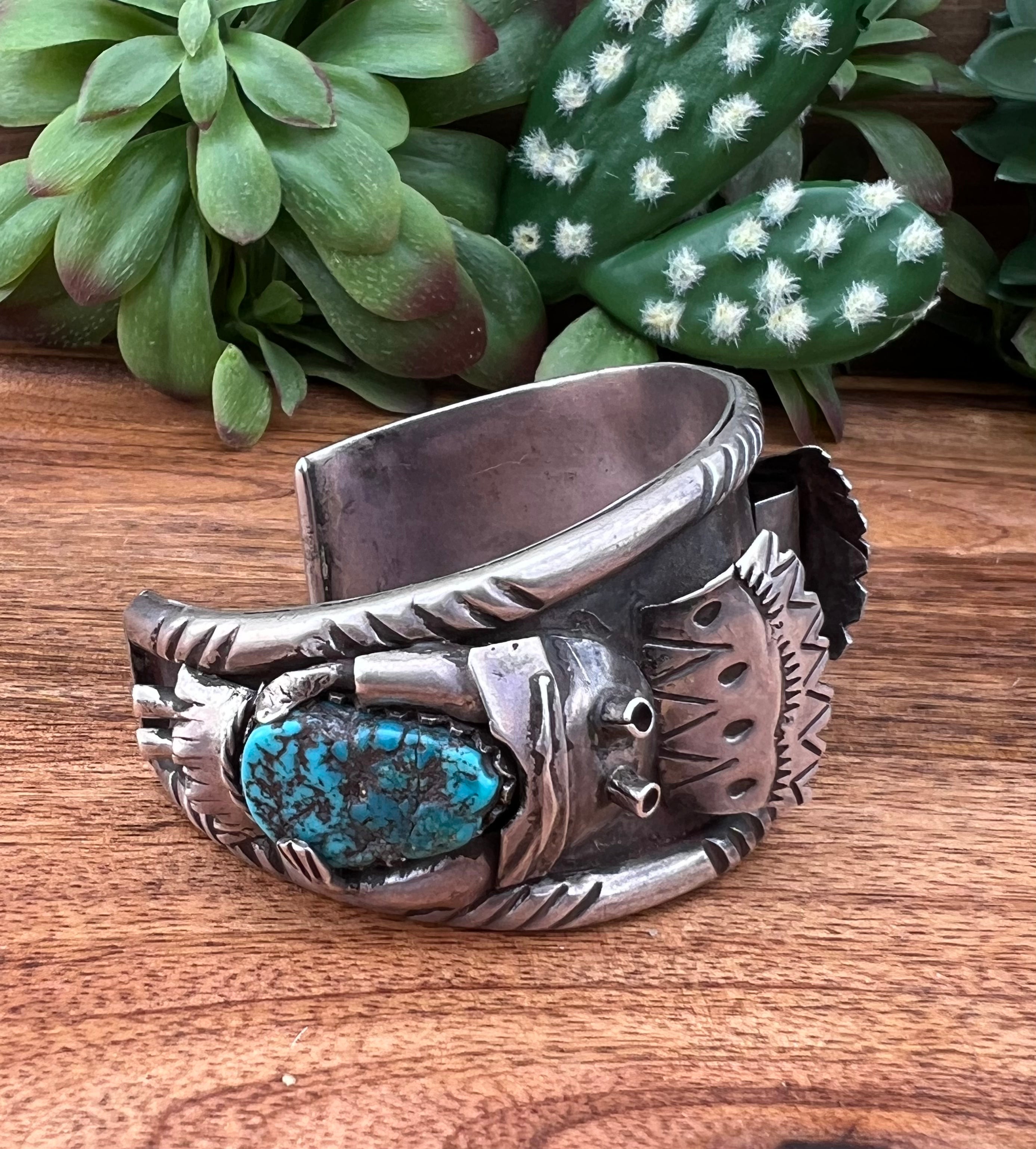 Vintage Navajo Turquoise & Sterling Silver Watch Cuff Bracelet