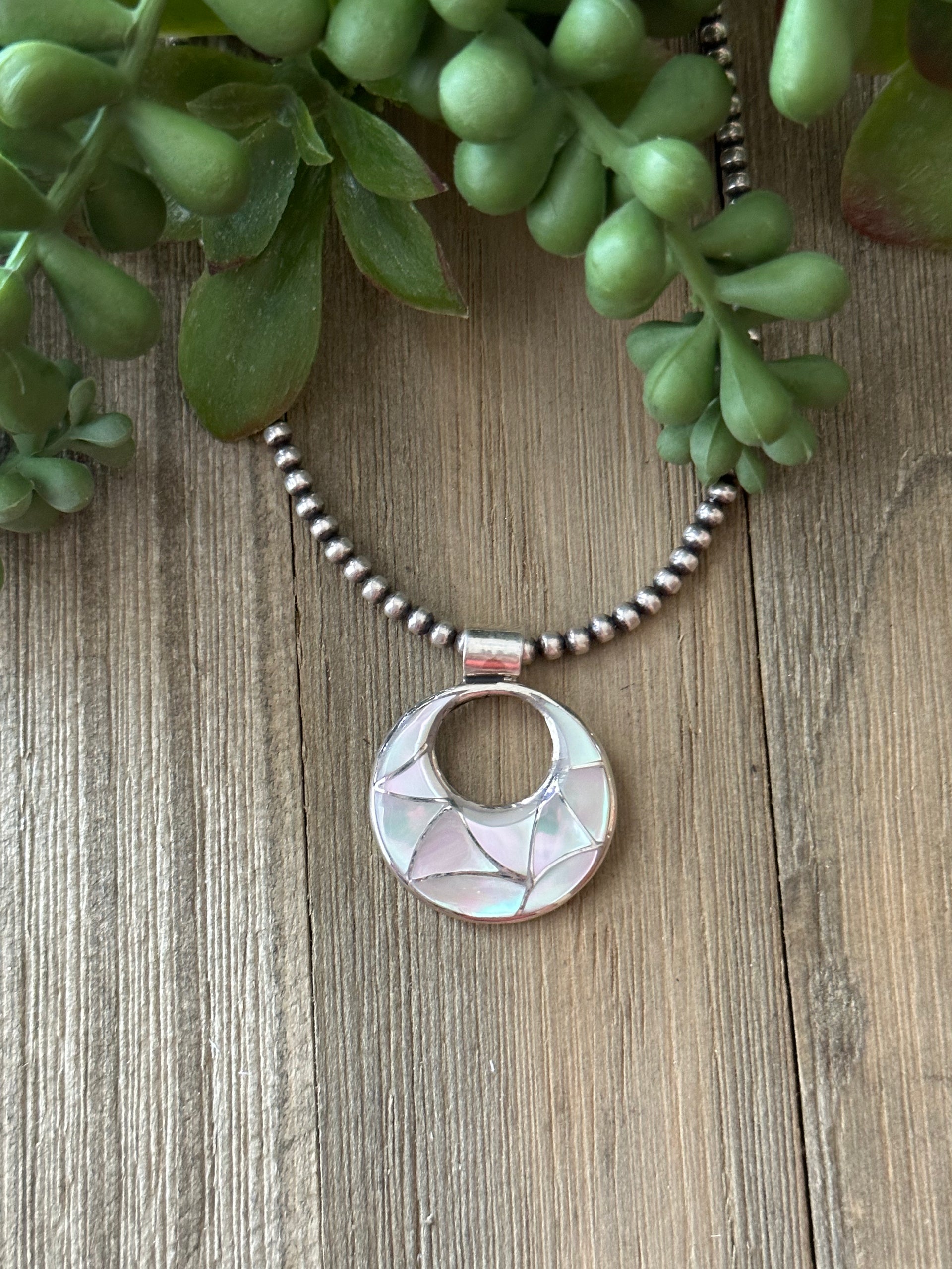 Navajo Made Mother of Pearl & Sterling Silver Inlay Pendant