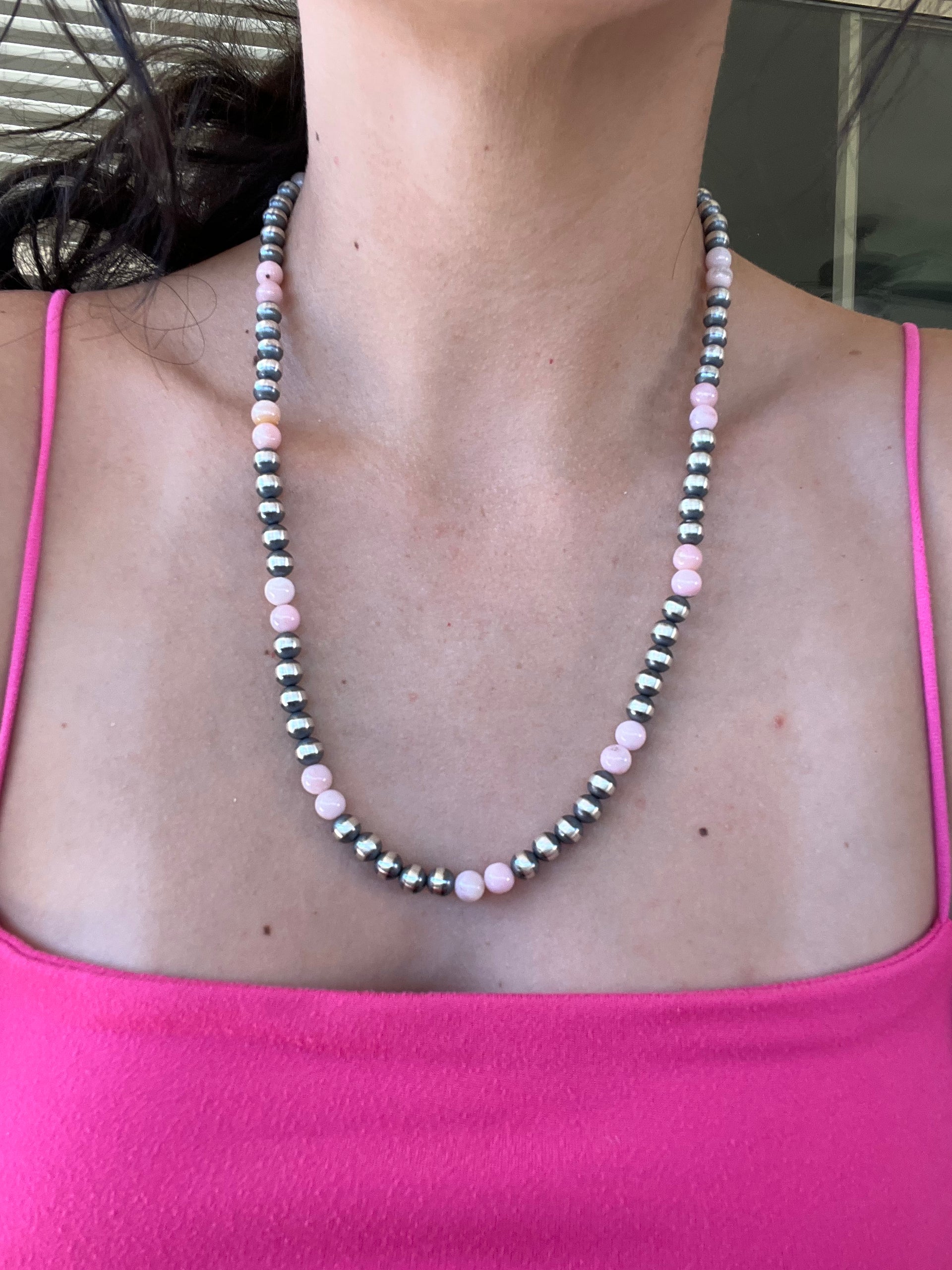 Navajo Pink Coral & Sterling Silver 6 MM Pearl Necklace