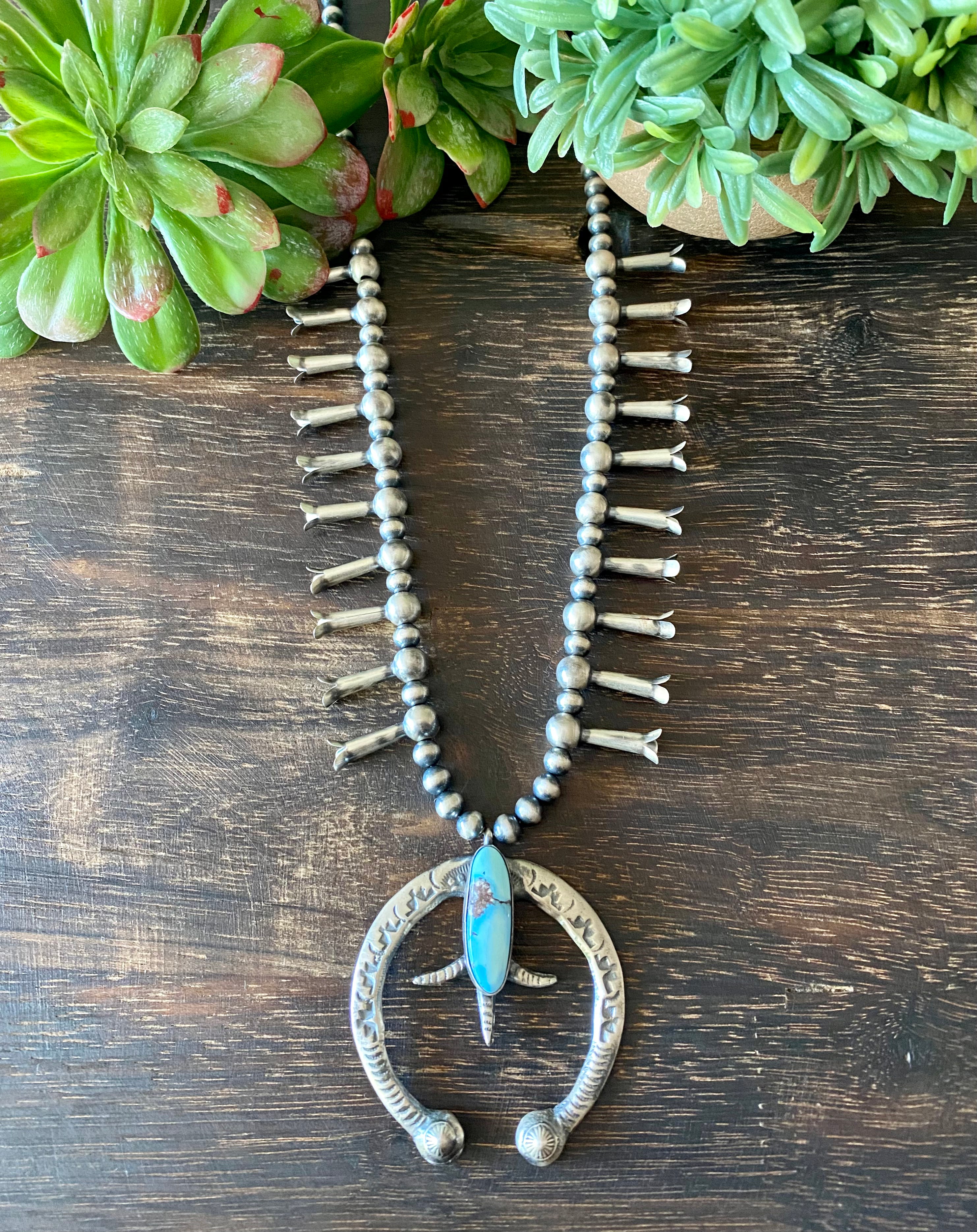 Tonya Yazzie Golden Hill’s Turquoise & Sterling Silver Squash Blossom Naja Necklace