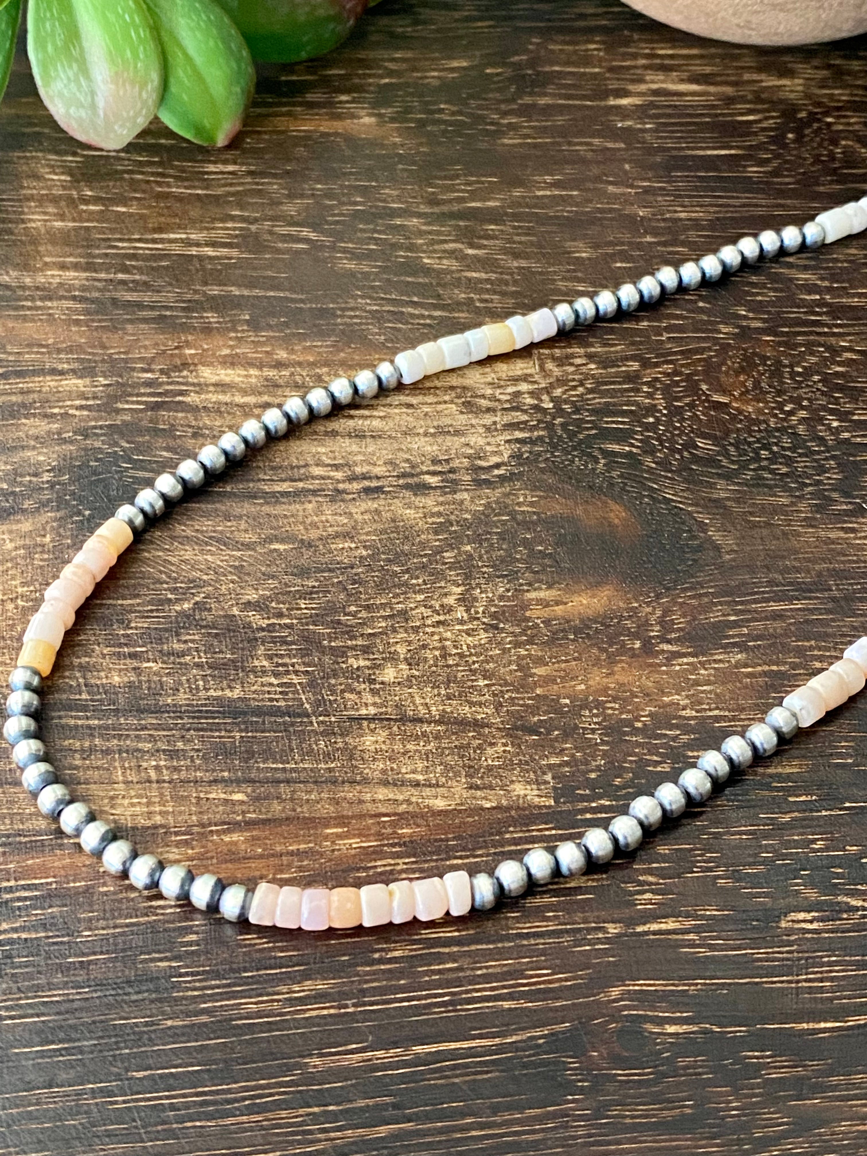 Navajo Made Pink Opal & Sterling Silver 4 MM 20 Inch Pearl Necklace