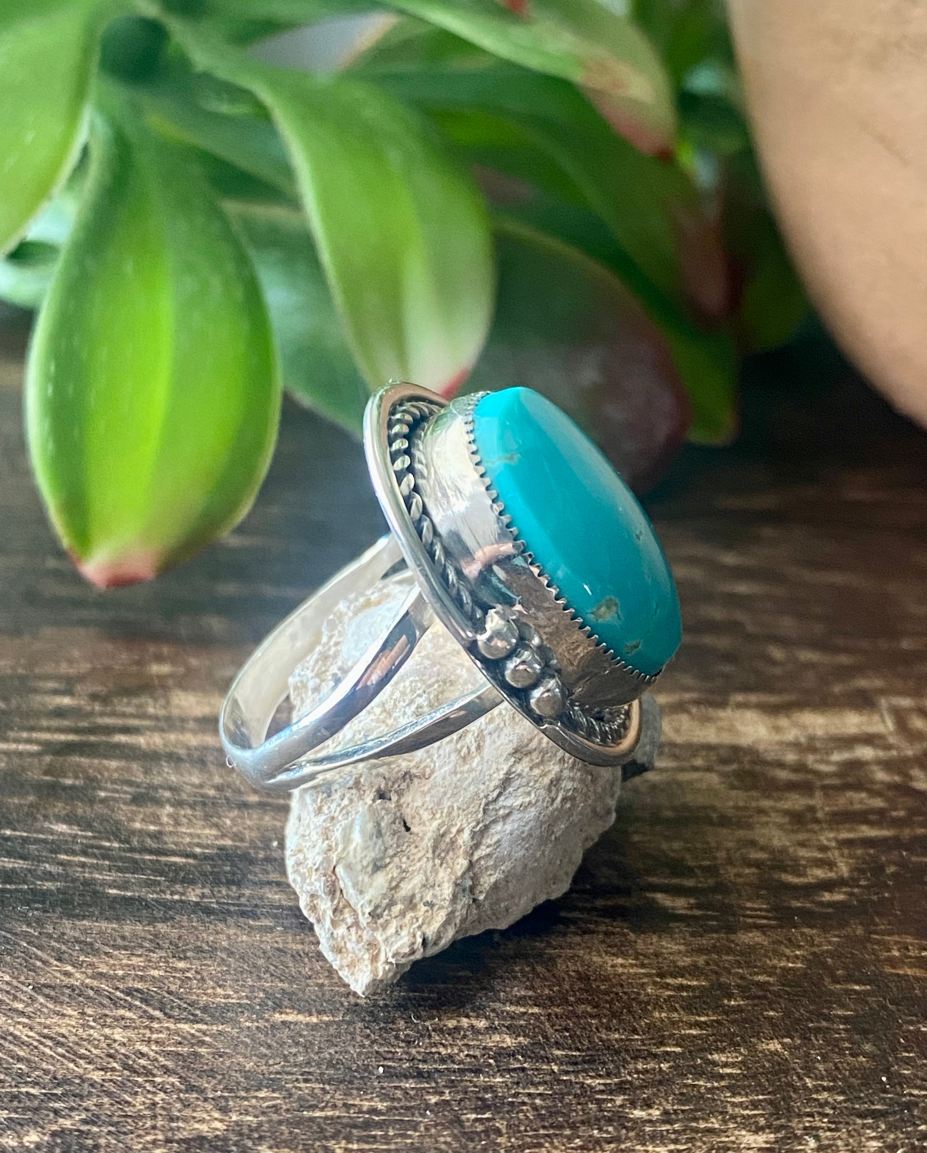 Navajo Made Royston Turquoise & Sterling Silver Ring Size 8.5