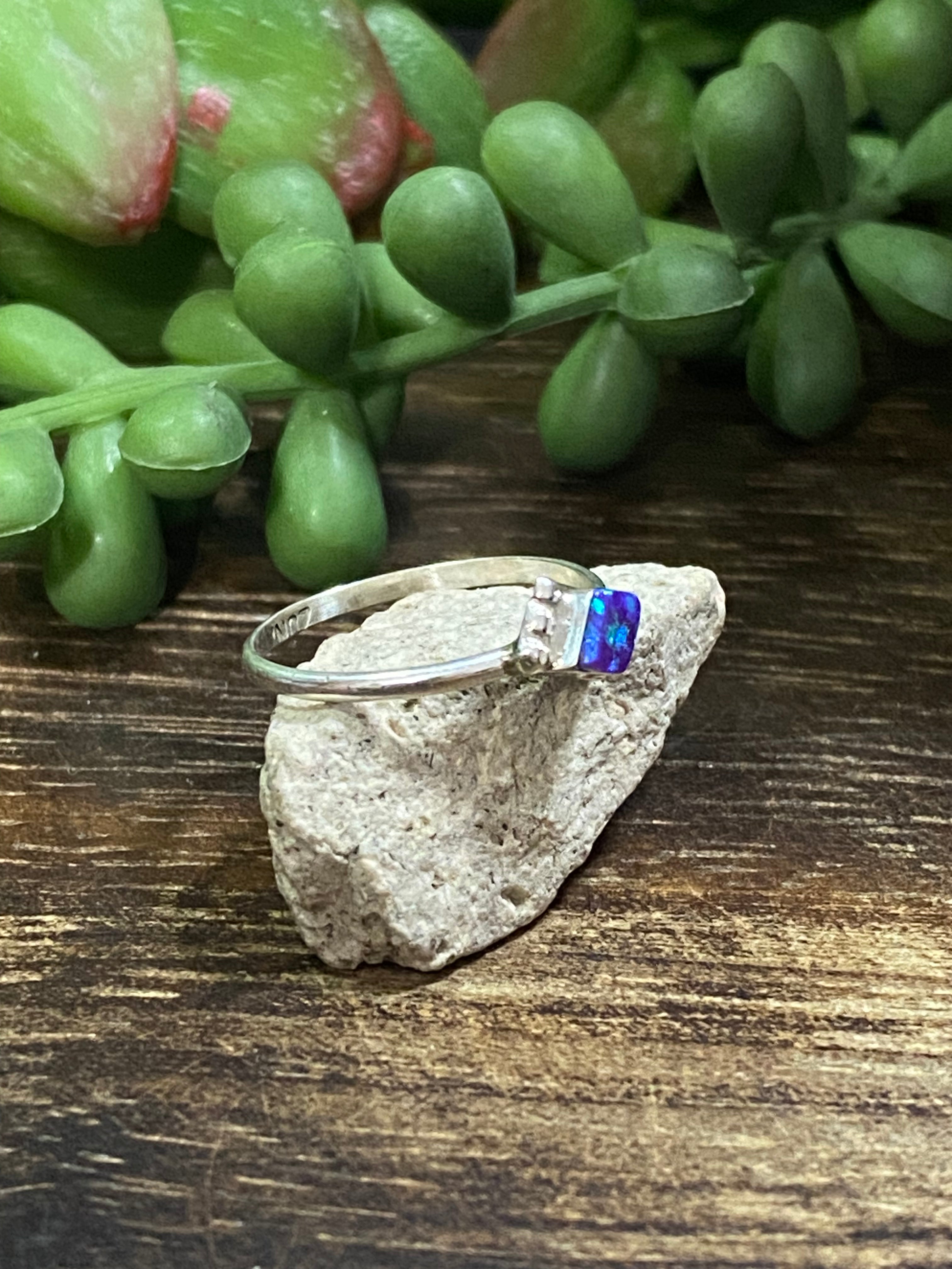 Navajo Made Purple Opal (Man-Made) & Sterling Silver Ring Size 5.5