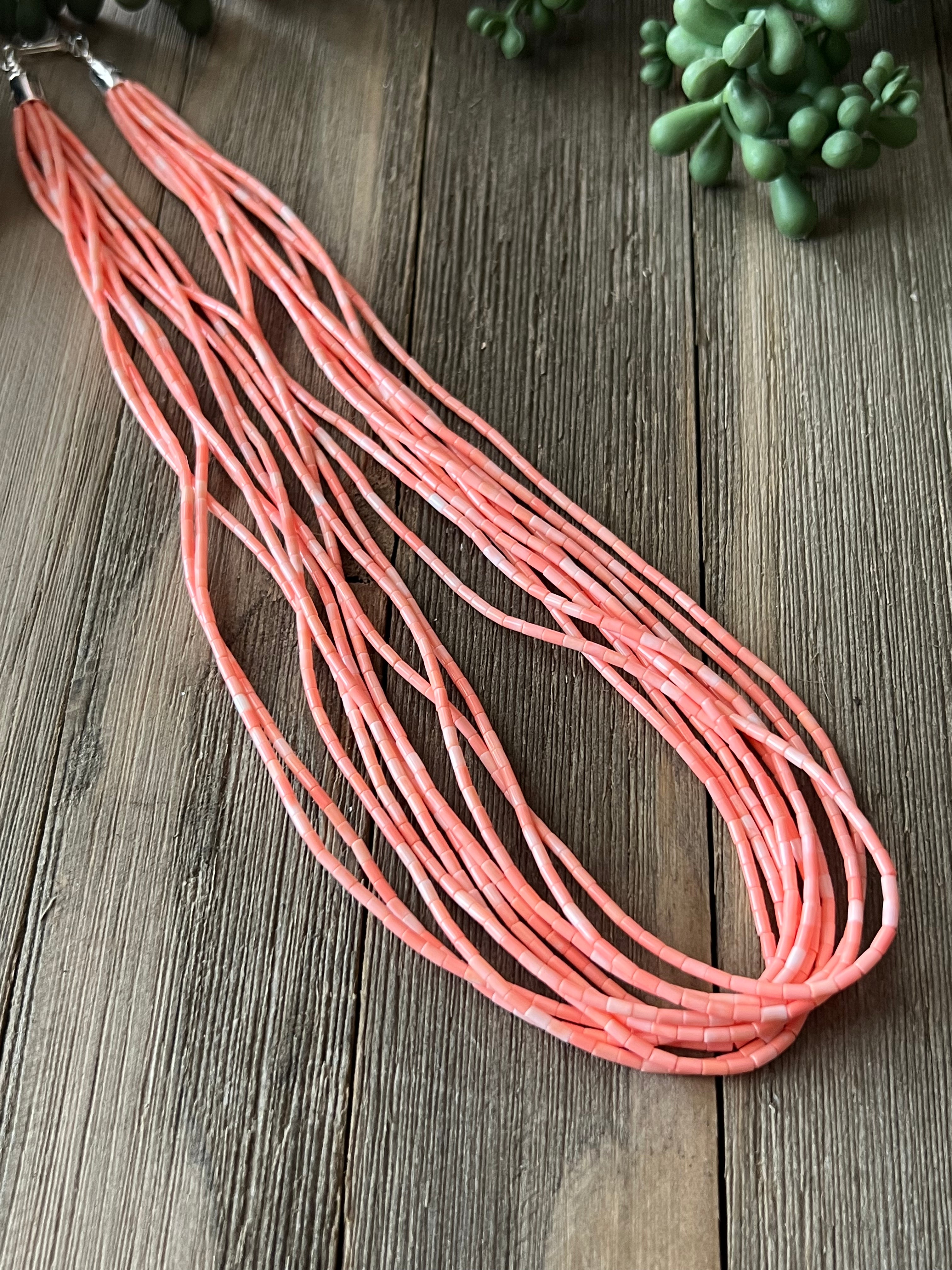 Navajo Strung Pink Salmon Coral & Sterling Silver Beaded Layered Necklace