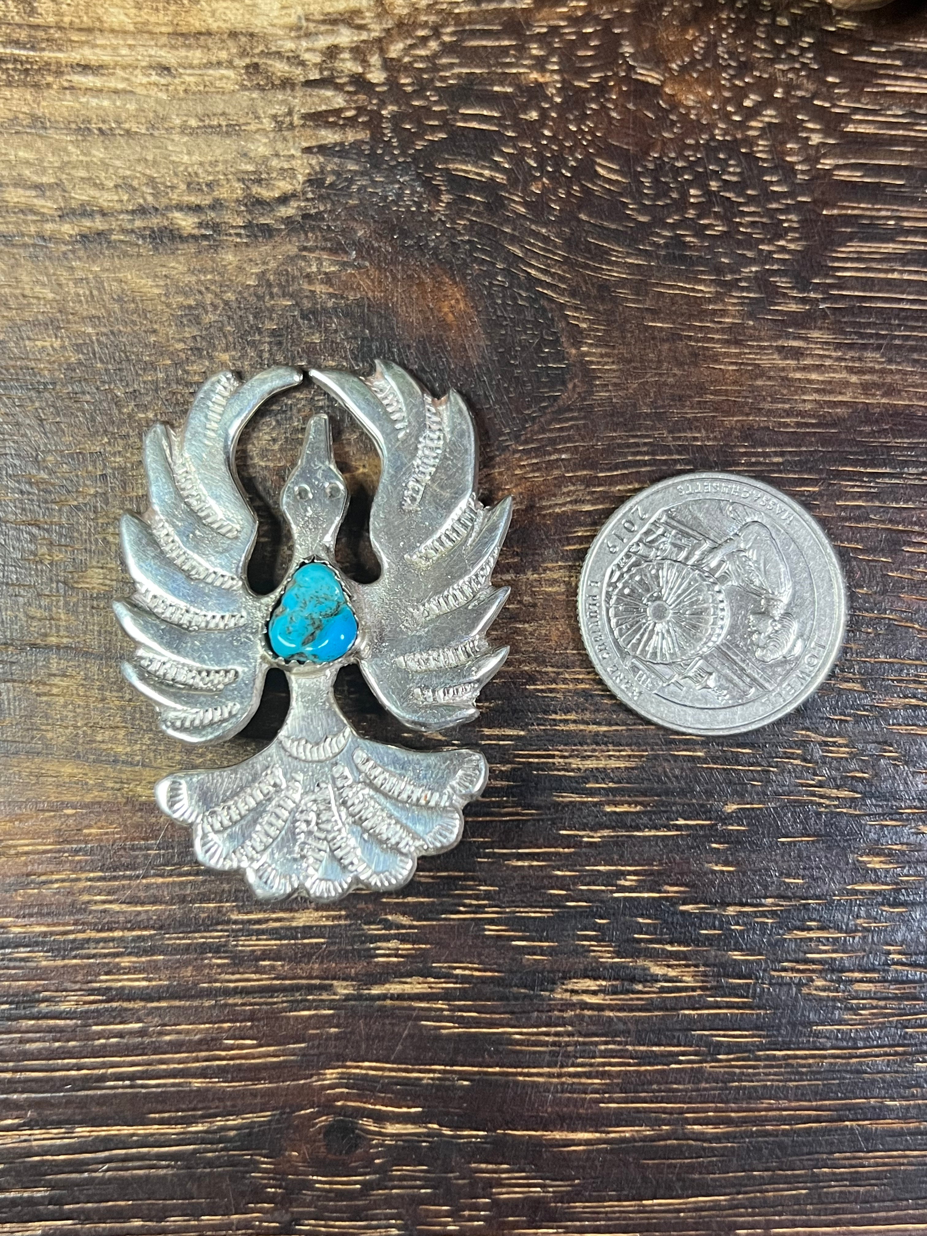 Navajo Made Kingman Turquoise & Sterling Silver Bird Pin