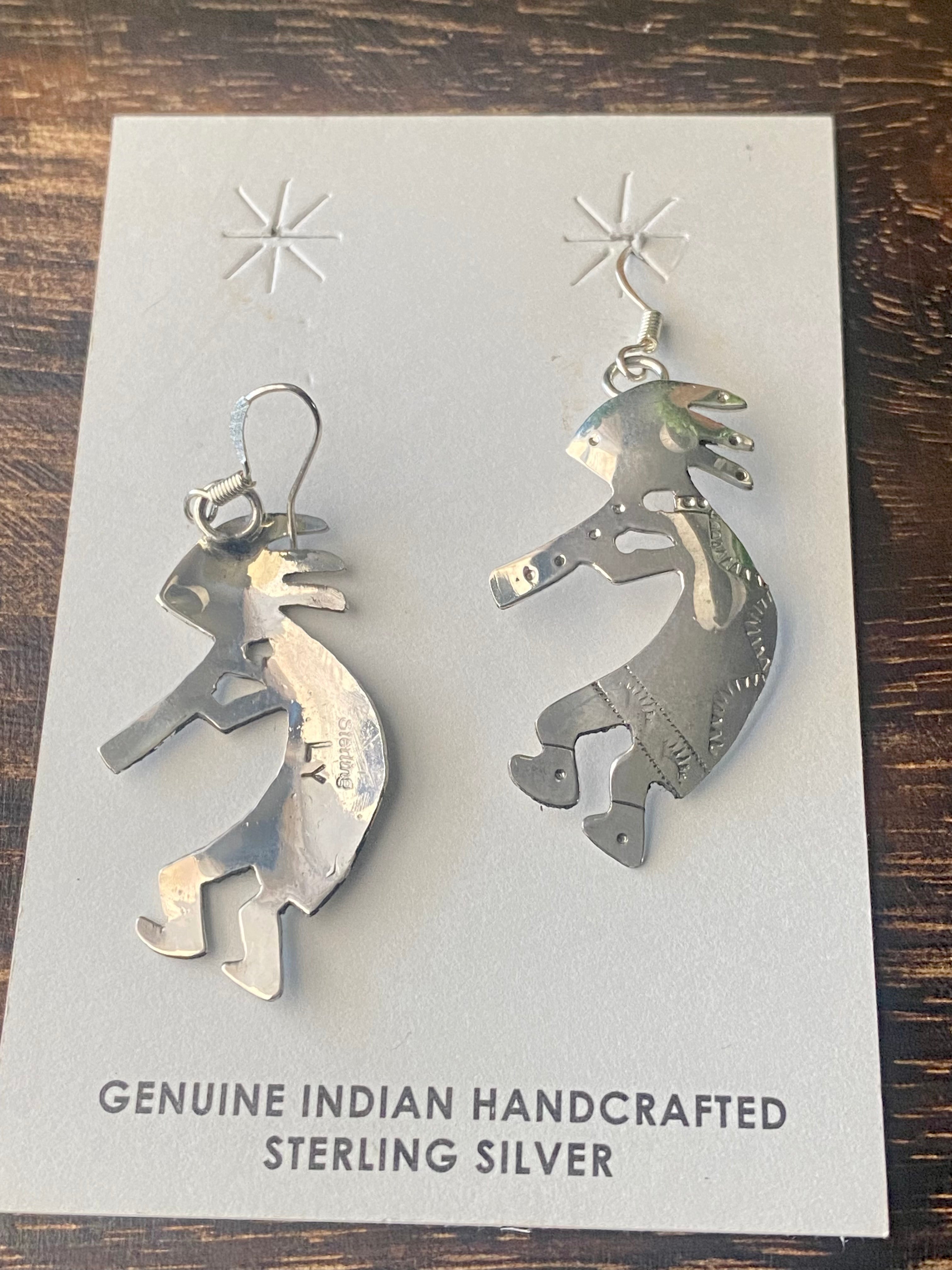 Navajo Made Sterling Silver Kokopelli Dangle Earrings