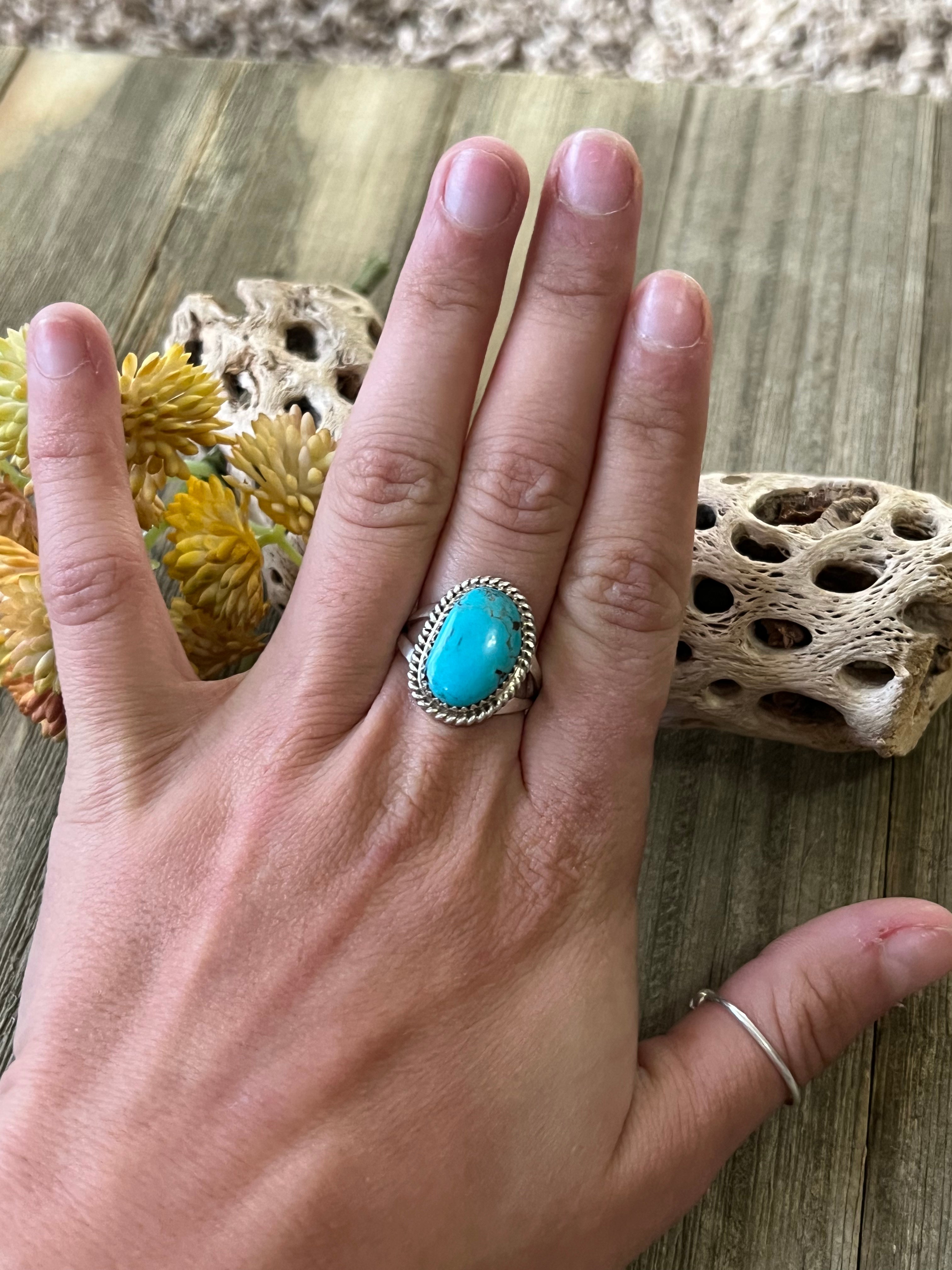 Navajo Made Kingman Turquoise & Sterling Silver Ring Size 8.25