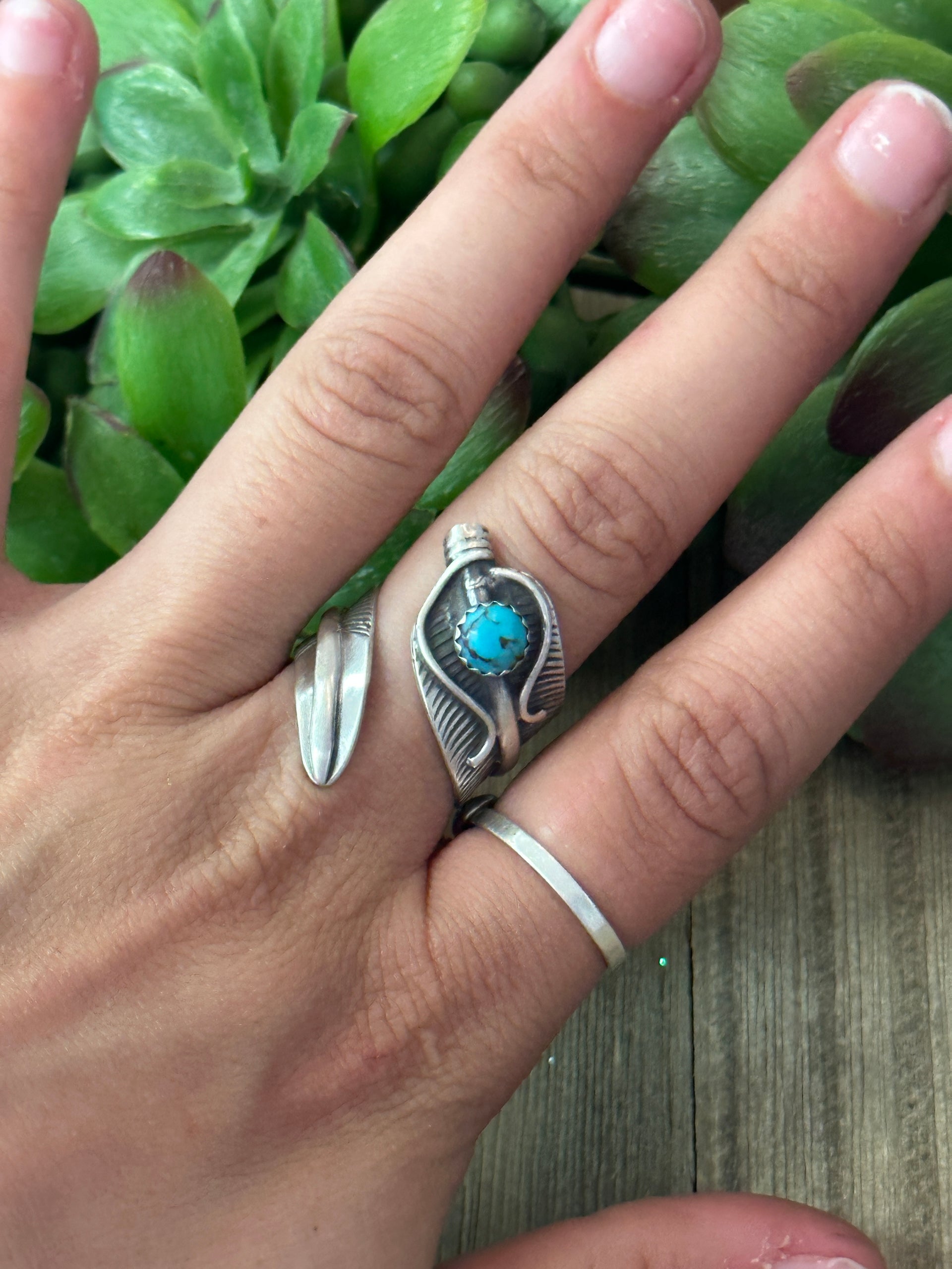 Navajo Made Kingman Turquoise & Sterling Silver Feather Adjustable Ring