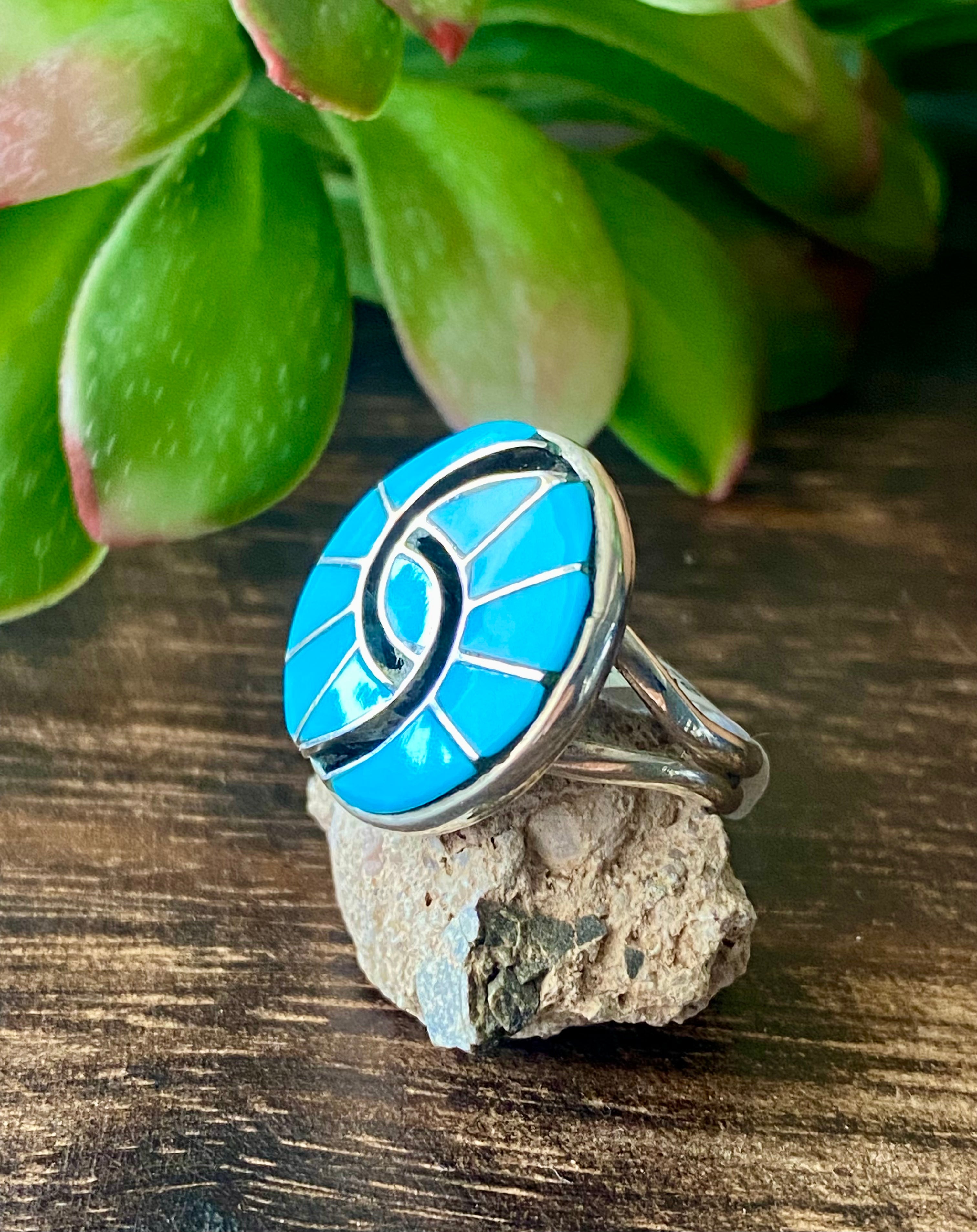 Amy Locaspino Kingman Turquoise & Sterling Silver Inlay Ring Size 7