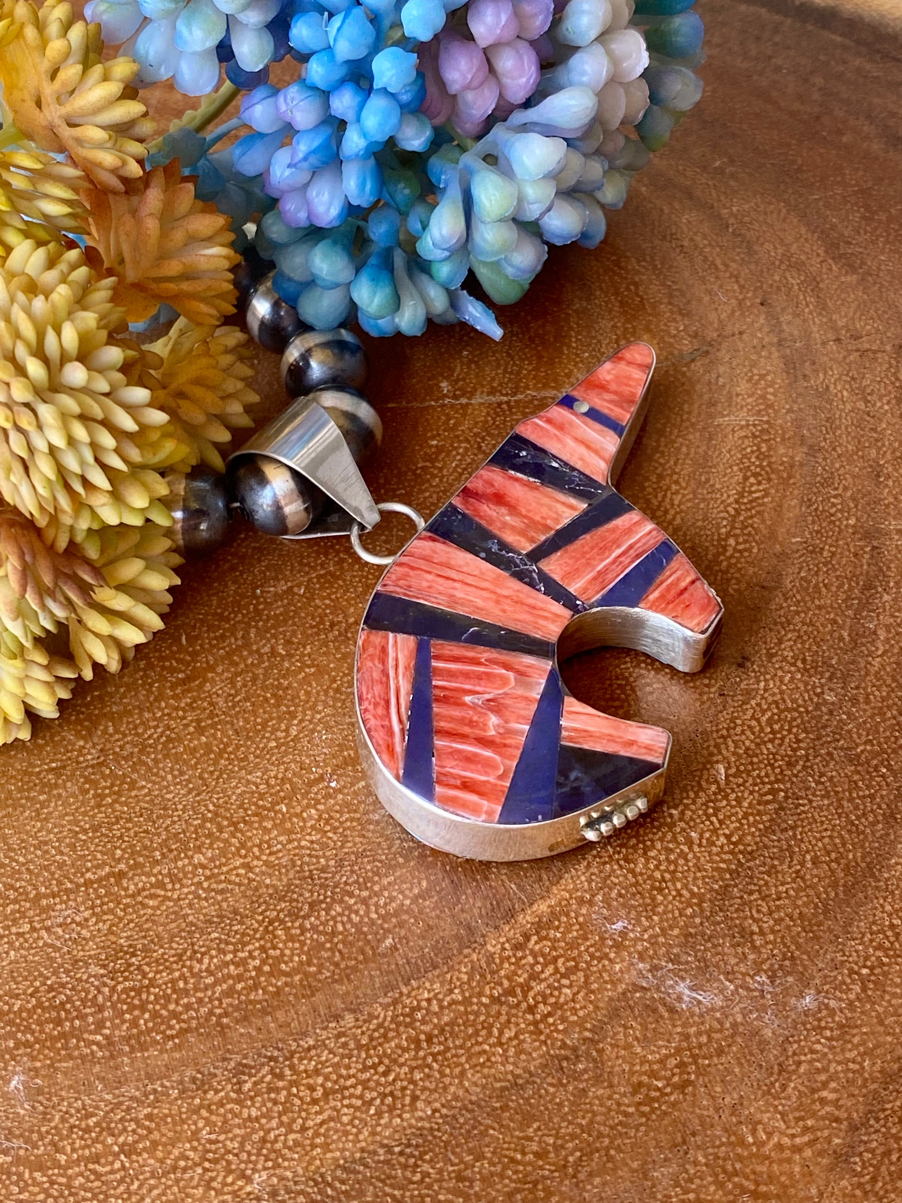 Navajo Multi Stone & Sterling Silver Double Sided Inlay Bear Pendant