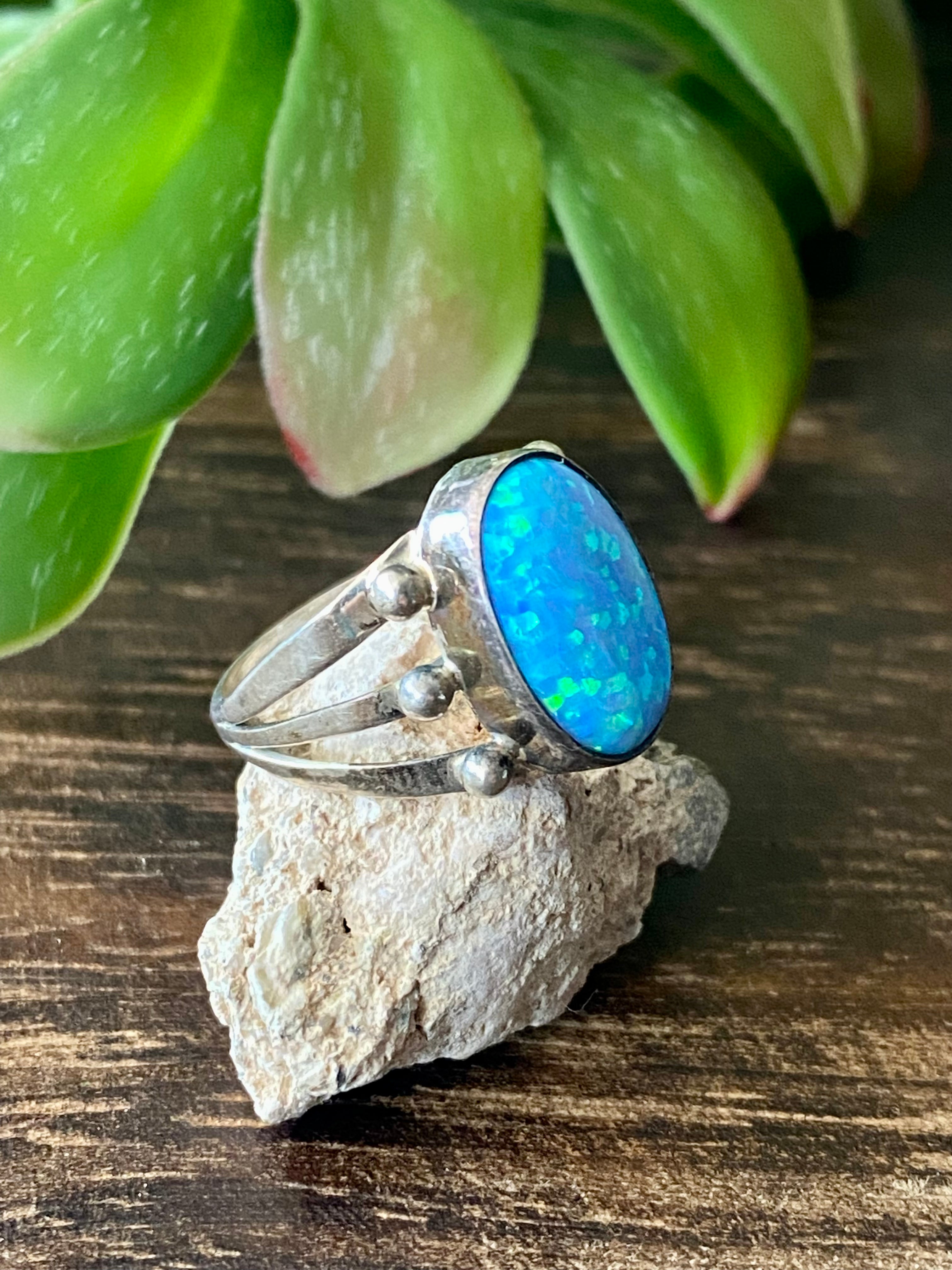Navajo Made Blue Opal & Sterling Silver Ring Size 5.75