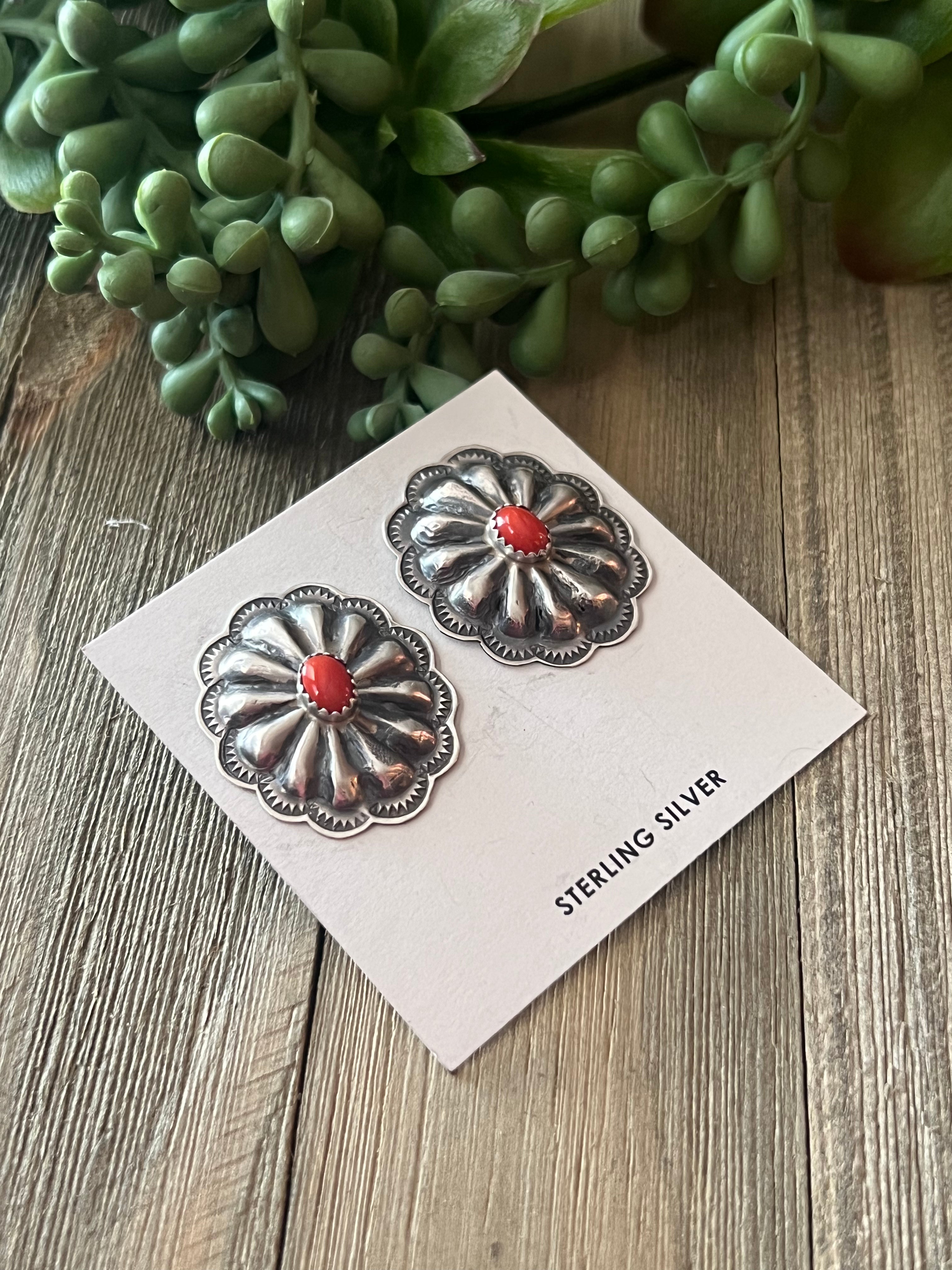 Rita Lee Coral & Sterling Silver Concho Post Earrings