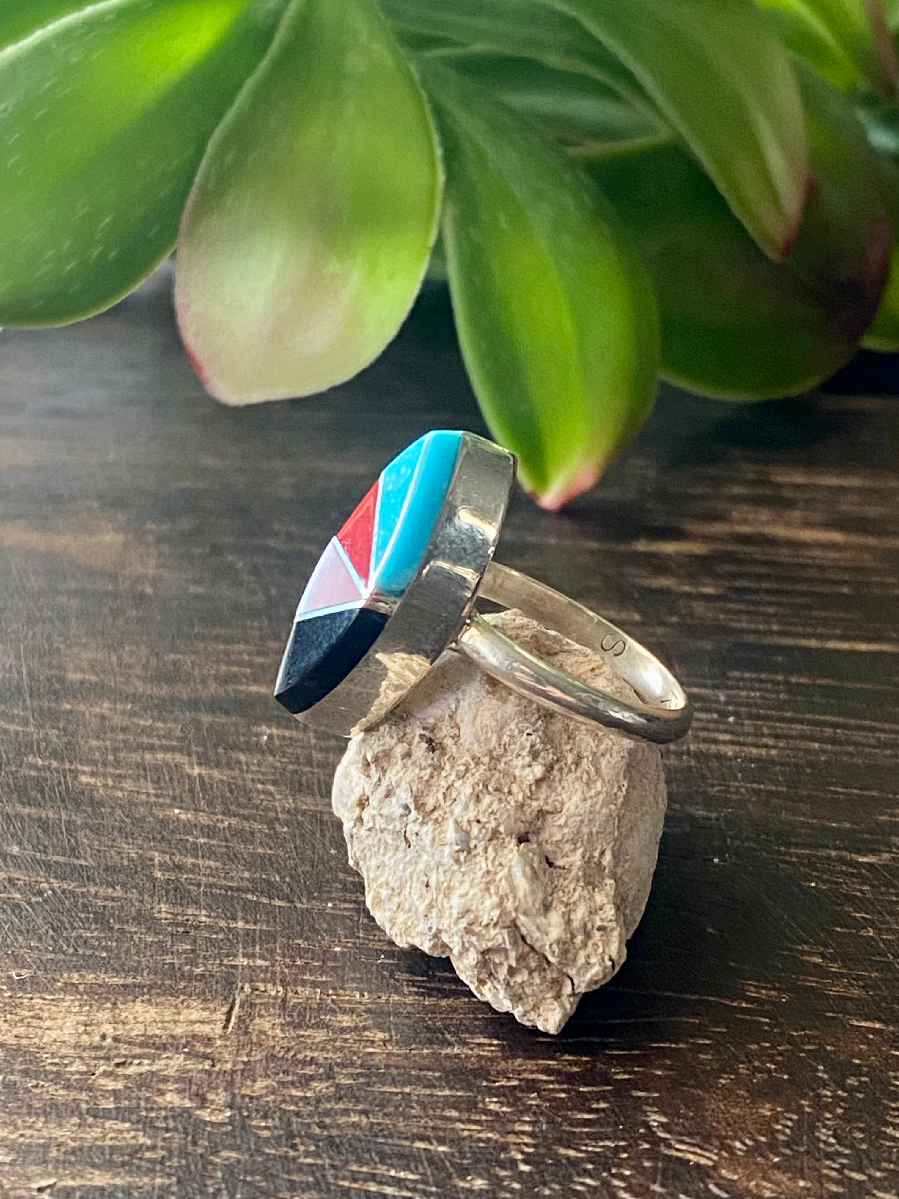 Zuni Made Multi Stone & Sterling Silver Inlay Ring Size 5.25
