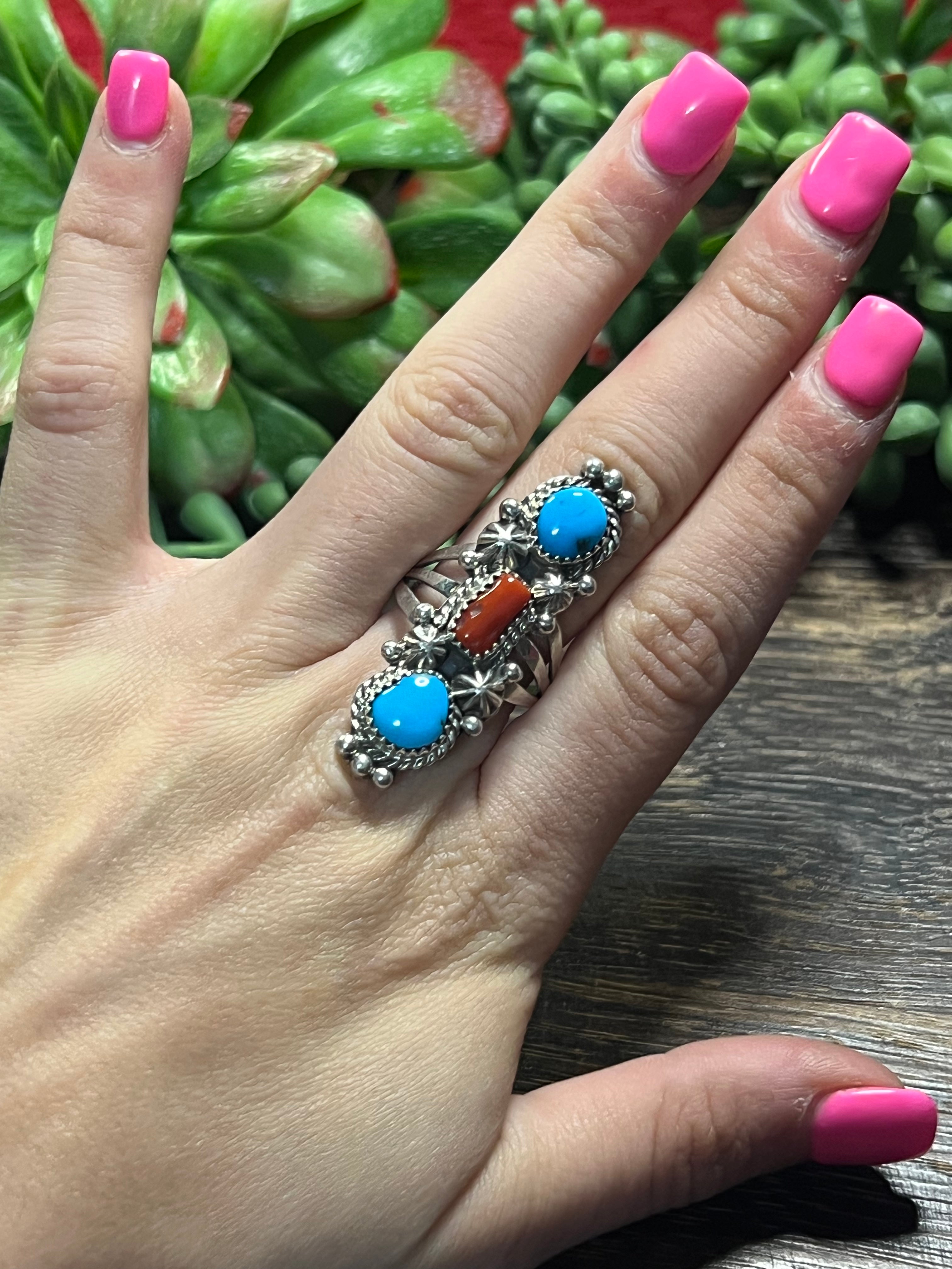 Navajo Made Multi Stone & Sterling Silver Ring Size 9