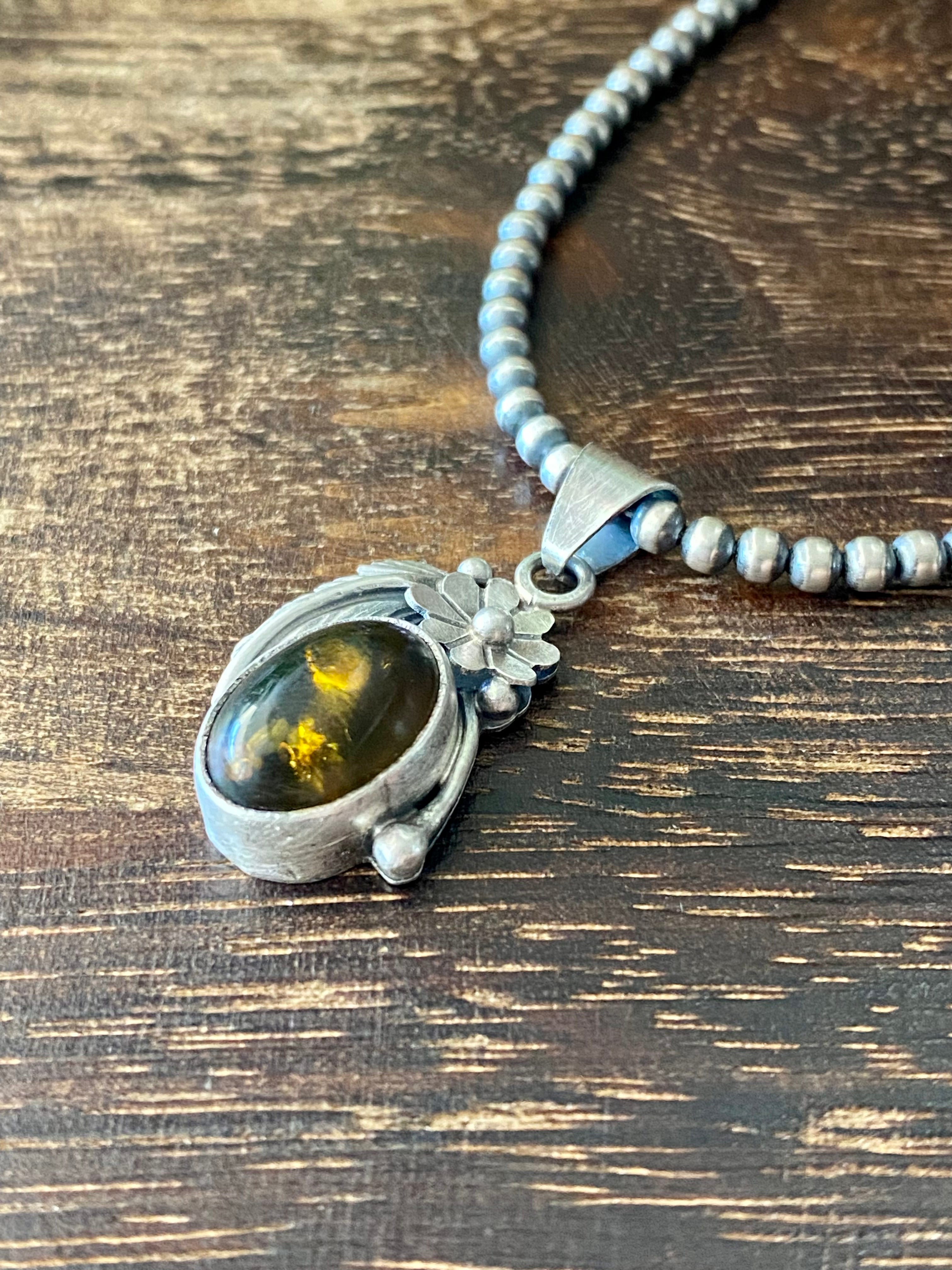 Navajo Made Amber & Sterling Silver Pendant