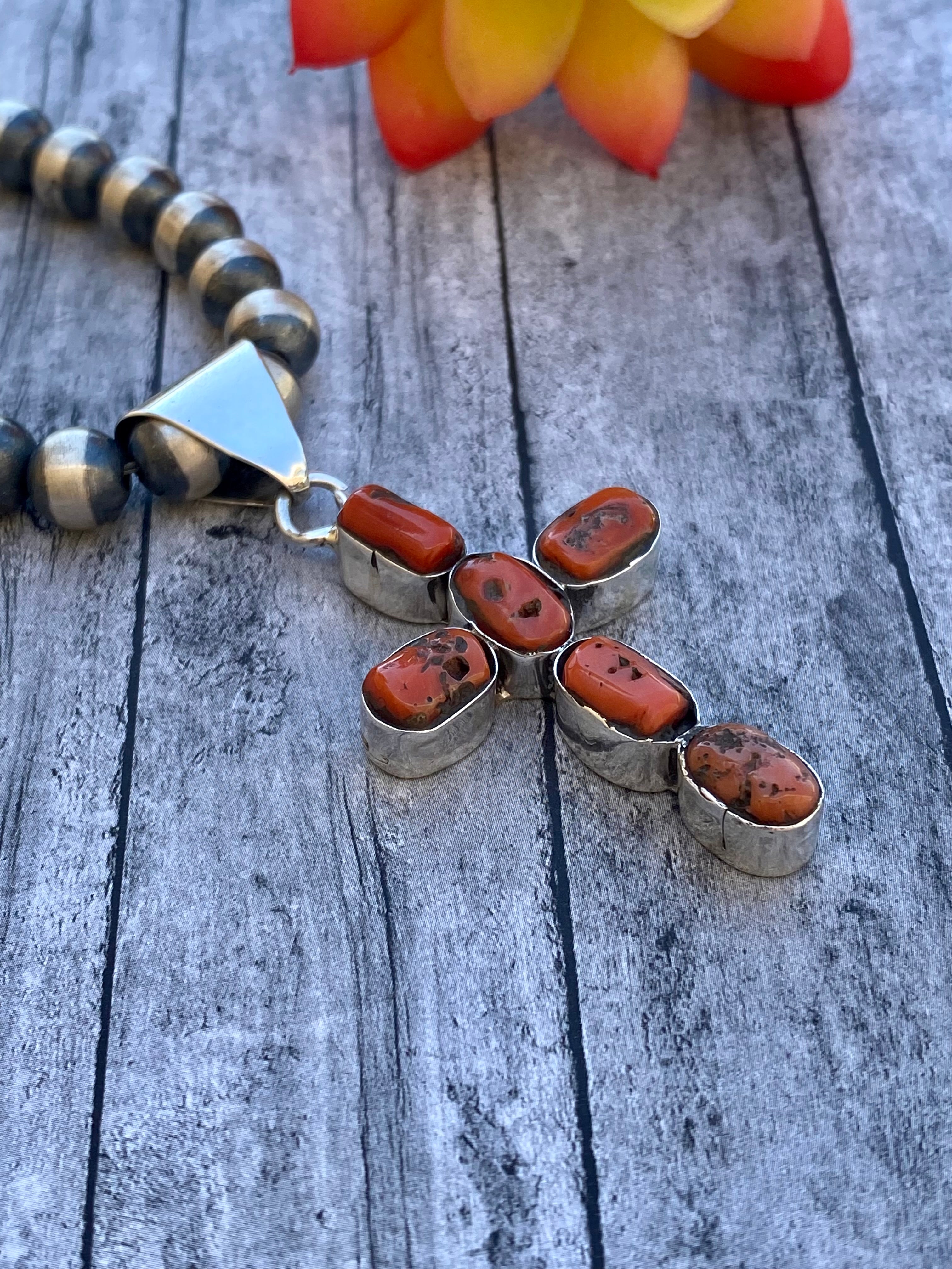 Navajo Made Coral & Sterling Silver Cross Pendant