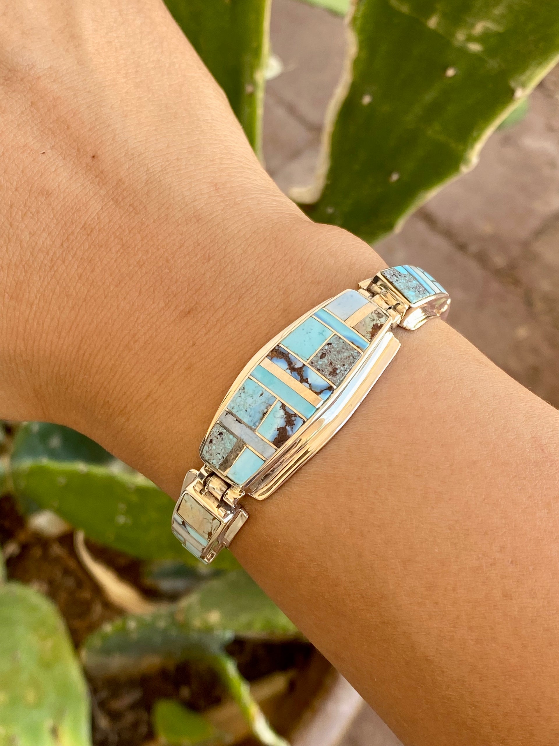 Stanley Manygoats Natural Golden Hill’s Turquoise & Sterling Silver Inlay Link Bracelet
