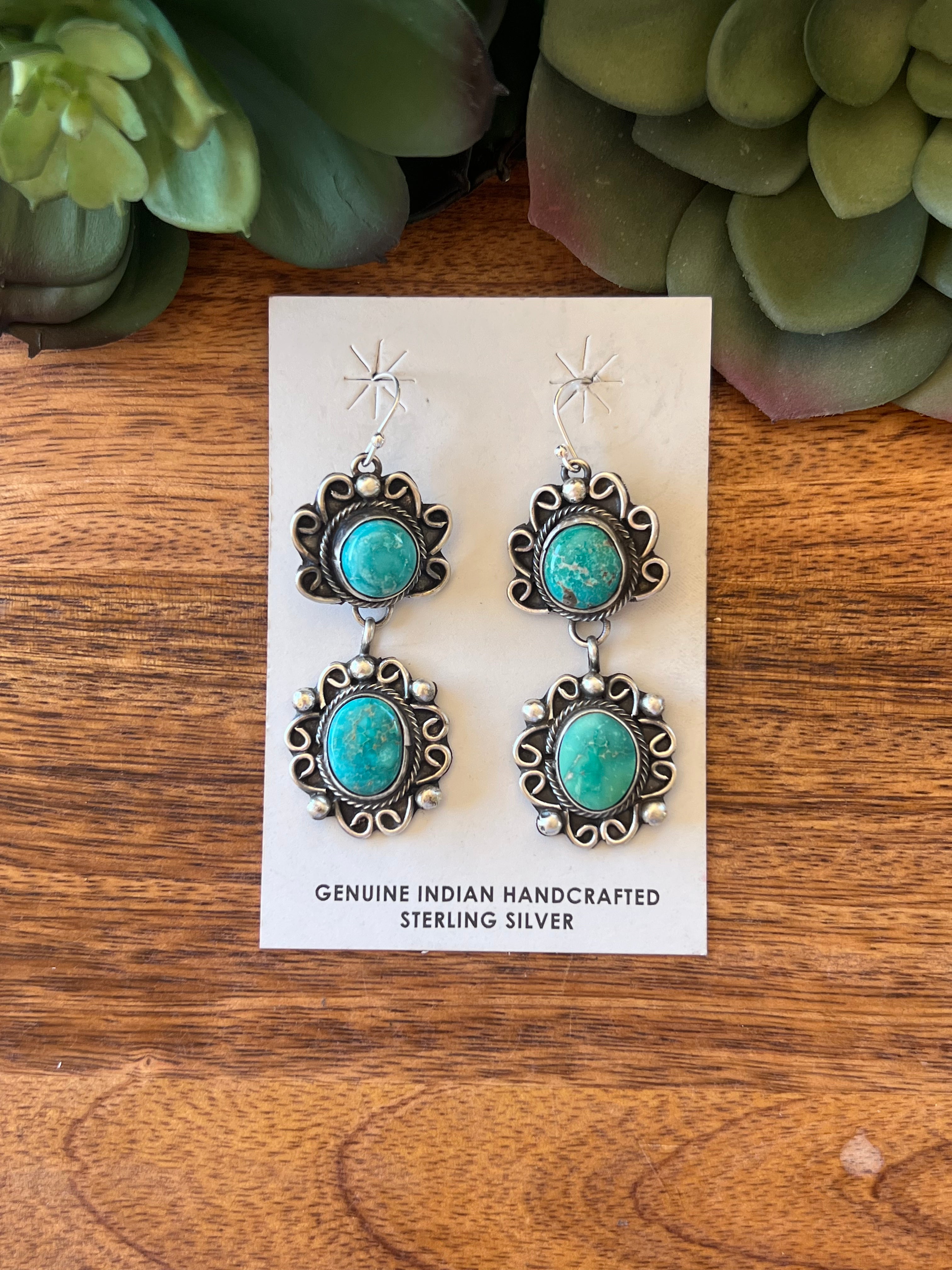 Navajo Made Sonoran Mountain Turquoise & Sterling Silver Post Dangle Earrings