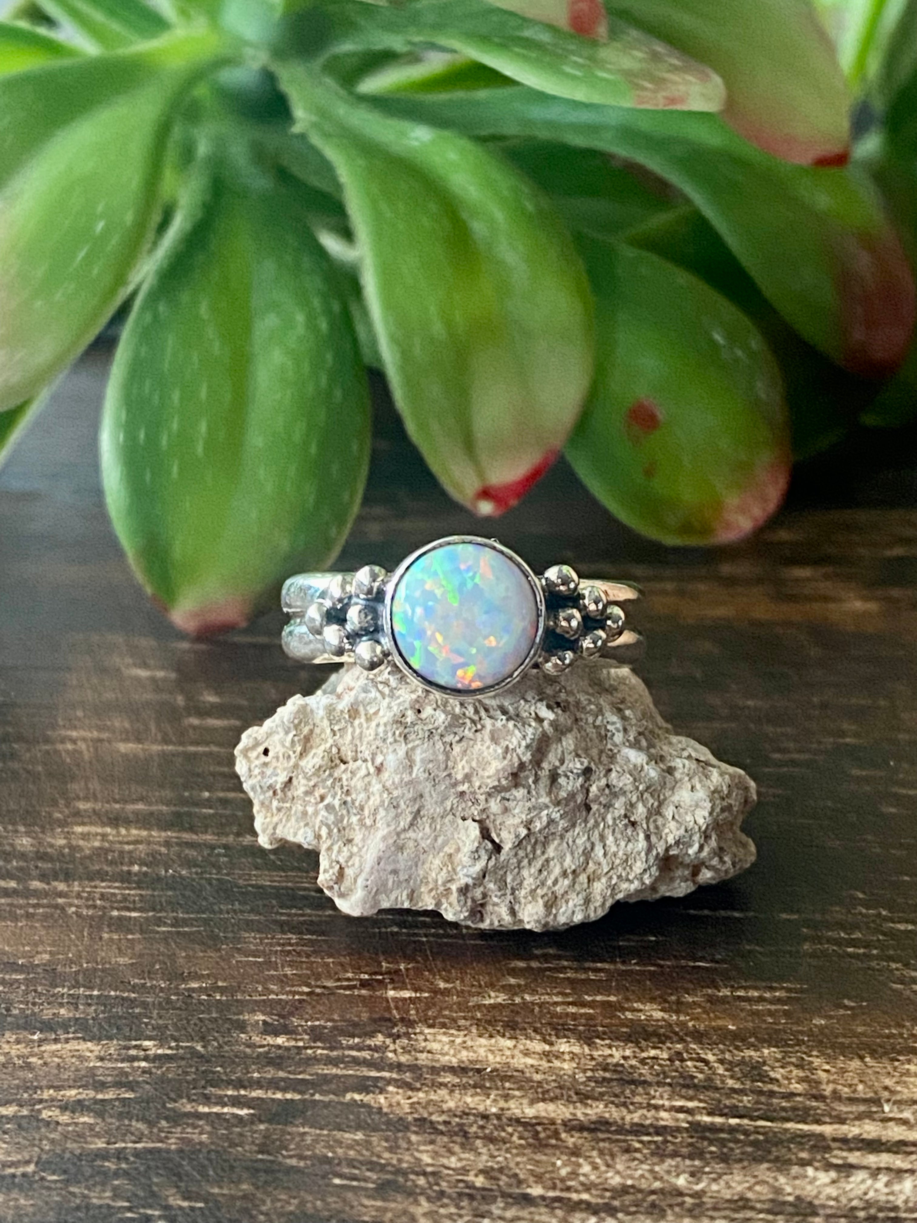 Isabelle Yazzie White Opal (Man-Made) & Sterling Silver Ring Size 5.75