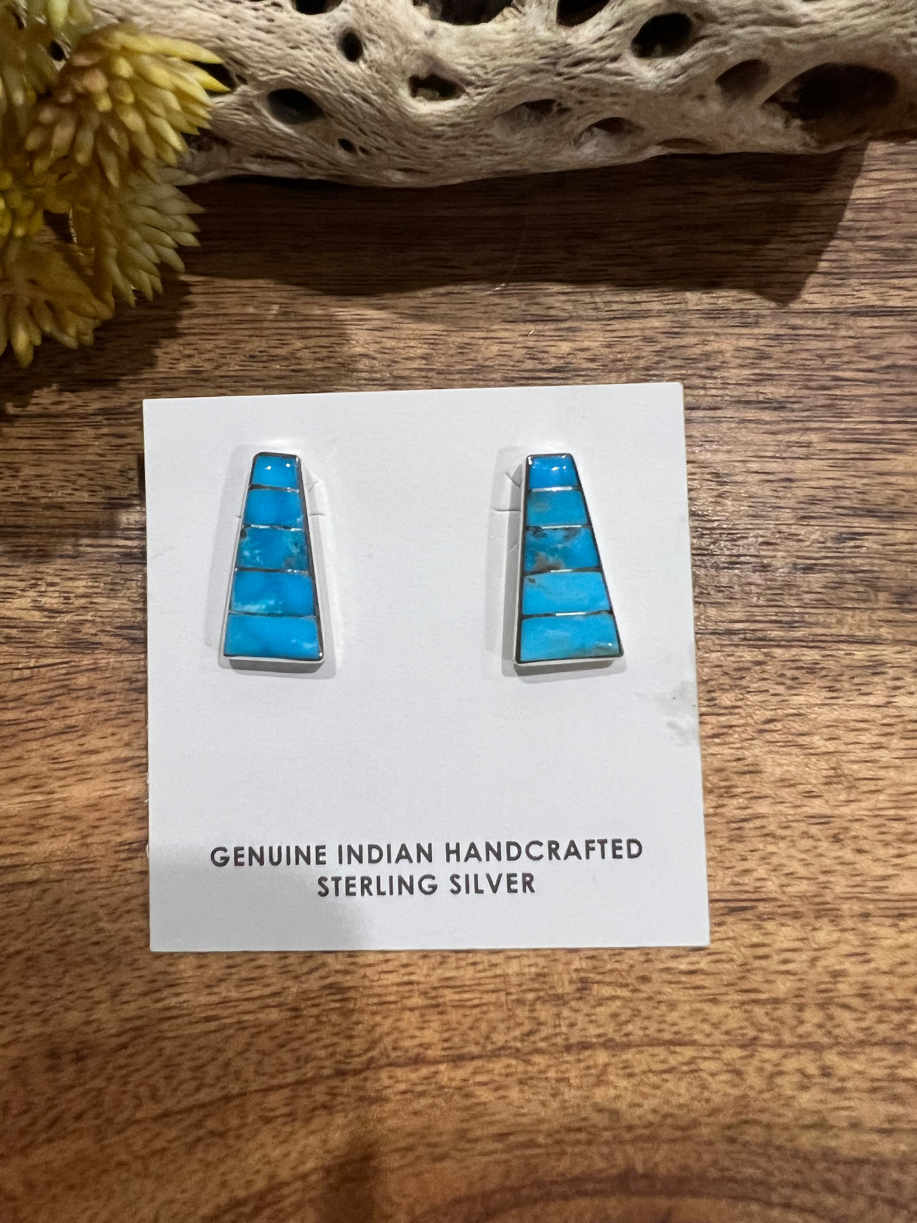 Zuni Made Kingman Turquoise & Sterling Silver Inlay Post Earrings