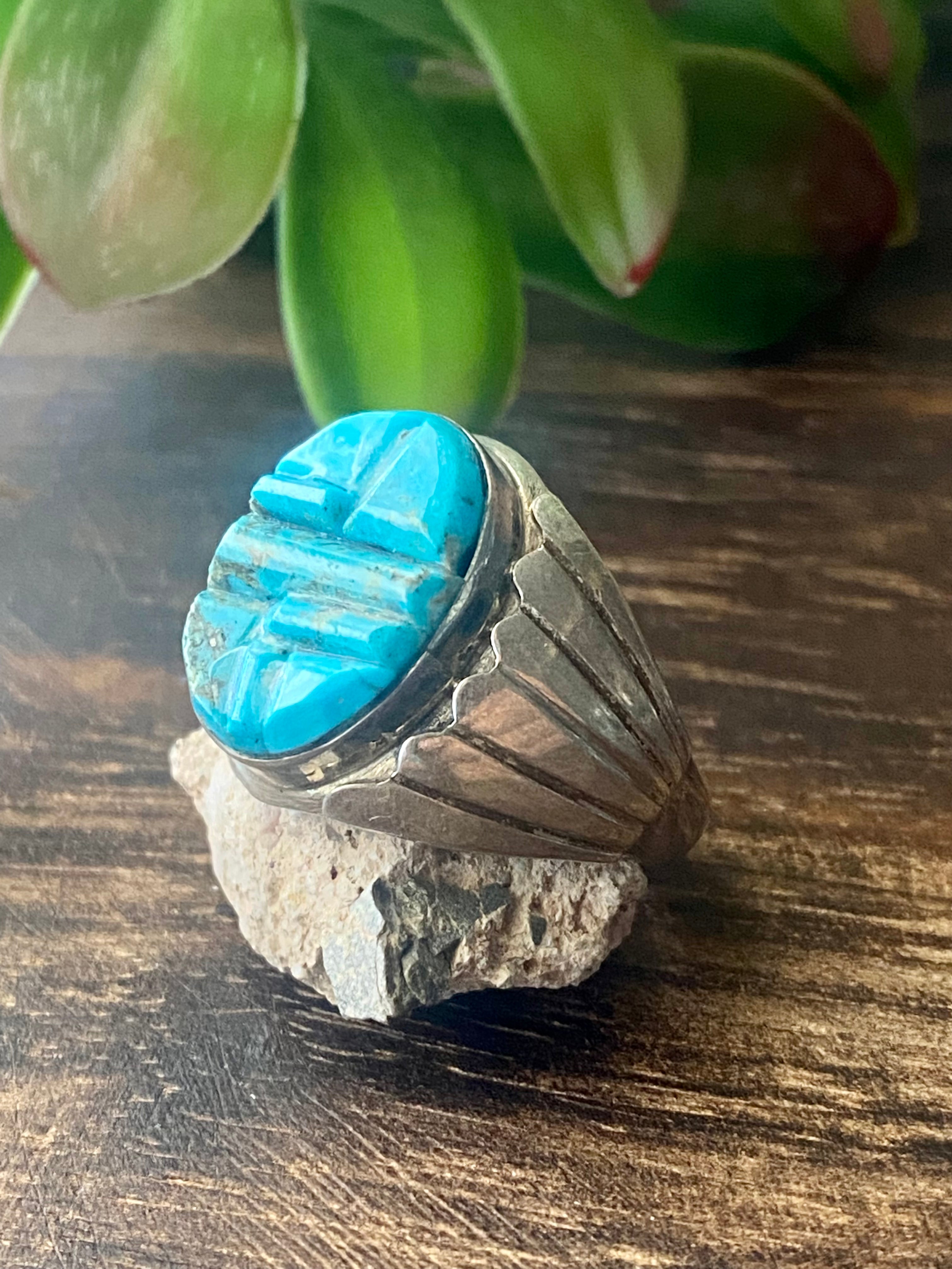 Navajo Made Turquoise & Sterling Silver Cobblestone Ring Size 13.25