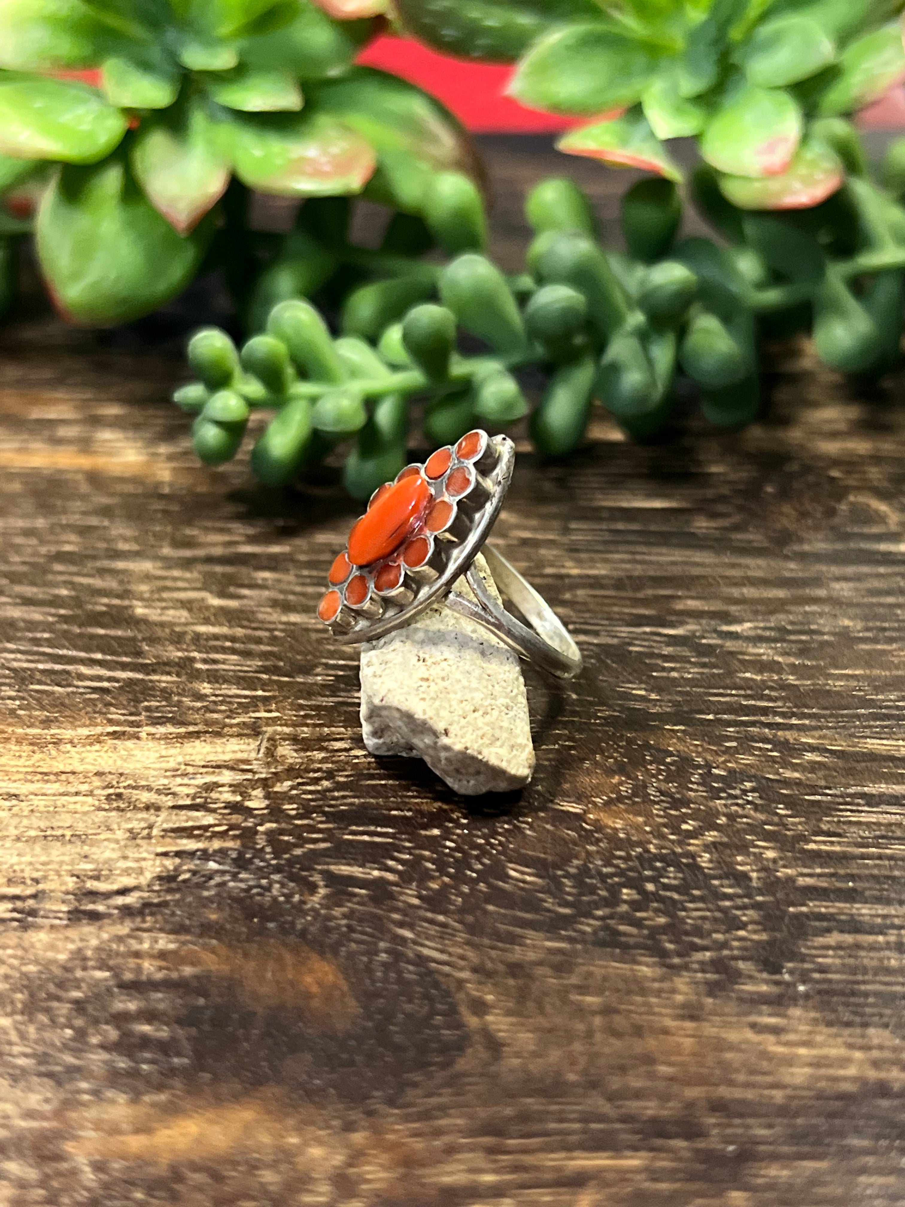 Zuni Made Coral & Sterling Silver Ring Size 8