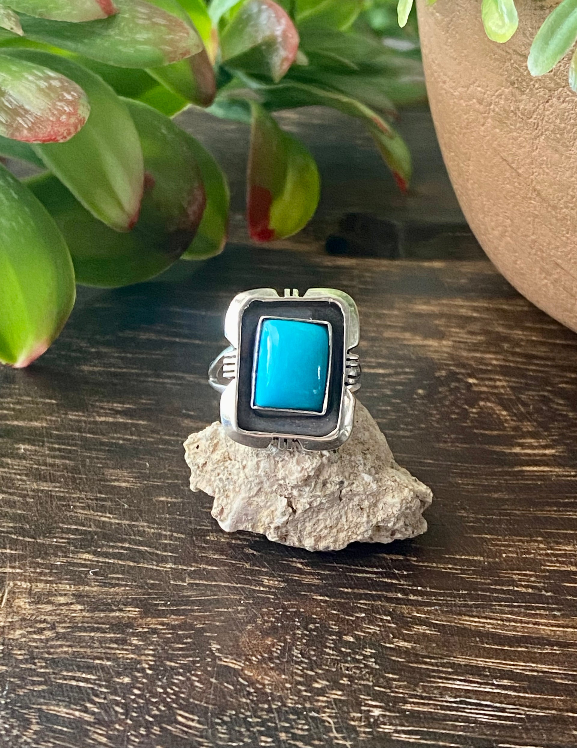 Navajo Made Kingman Turquoise & Sterling Silver Ring Size 5.25