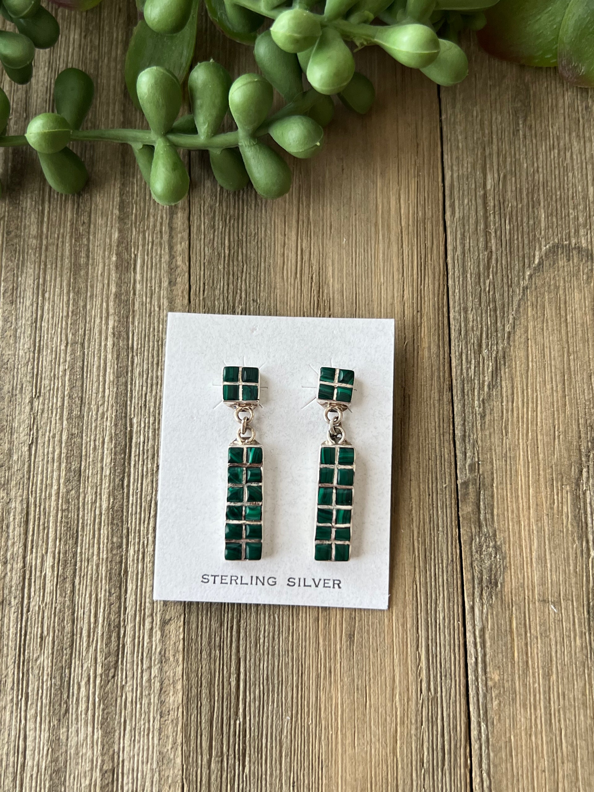 Navajo Made Malachite & Sterling Silver Post Dangle Inlay Earrings